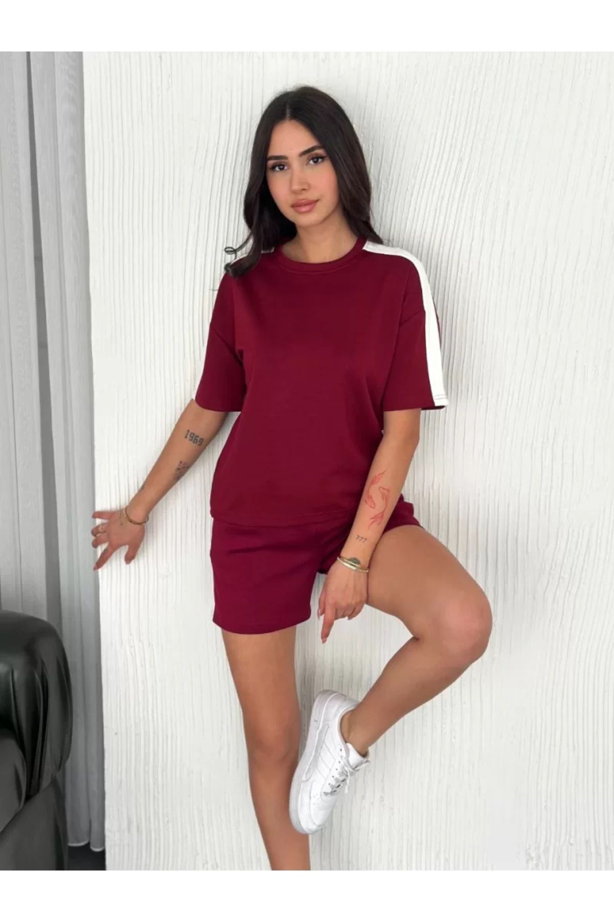 BBbutik Osy Modal yumuşak dokulu Kumaş Kadın Parçalı Bisiklet Yaka T-shirt Kısa Şort İkili Takım