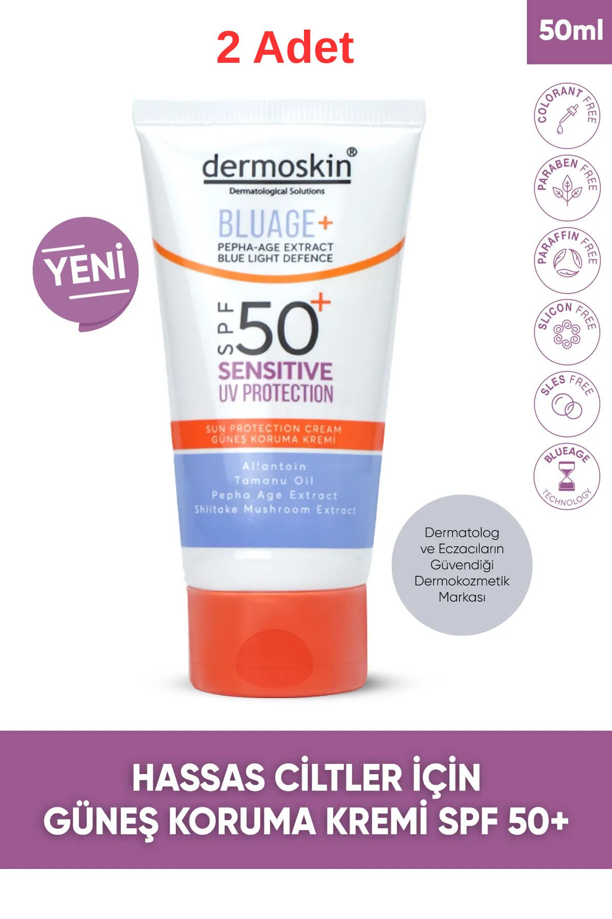 Dermoskin Blueage+ Hassas Ciltler İçin Nemlendirici Güneş Koruma Kremi SPF 50+ | UV Koruma | 50 ml - 2 Adet