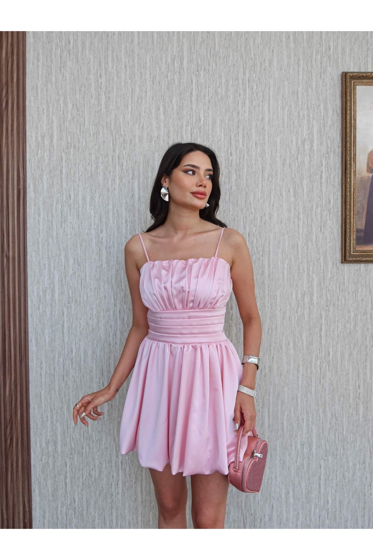 ESRAHELVACI Pembe Askılı Büzgü Elbise