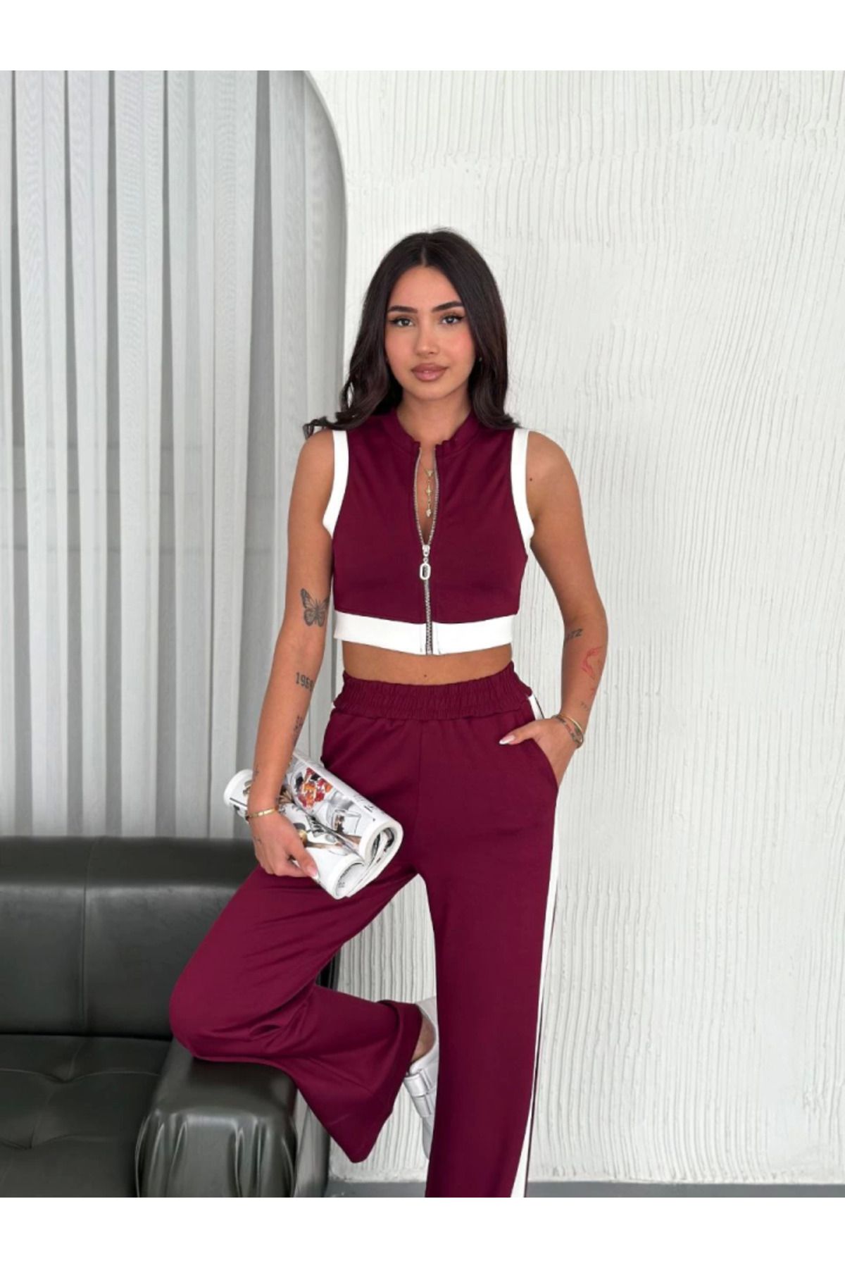 VELİZADE Bisiklet Yaka Fermuarlı Konfor Modeli Crop Bluz Eşofman Beli Lastikli Spor İkili Alt Üst Takımı