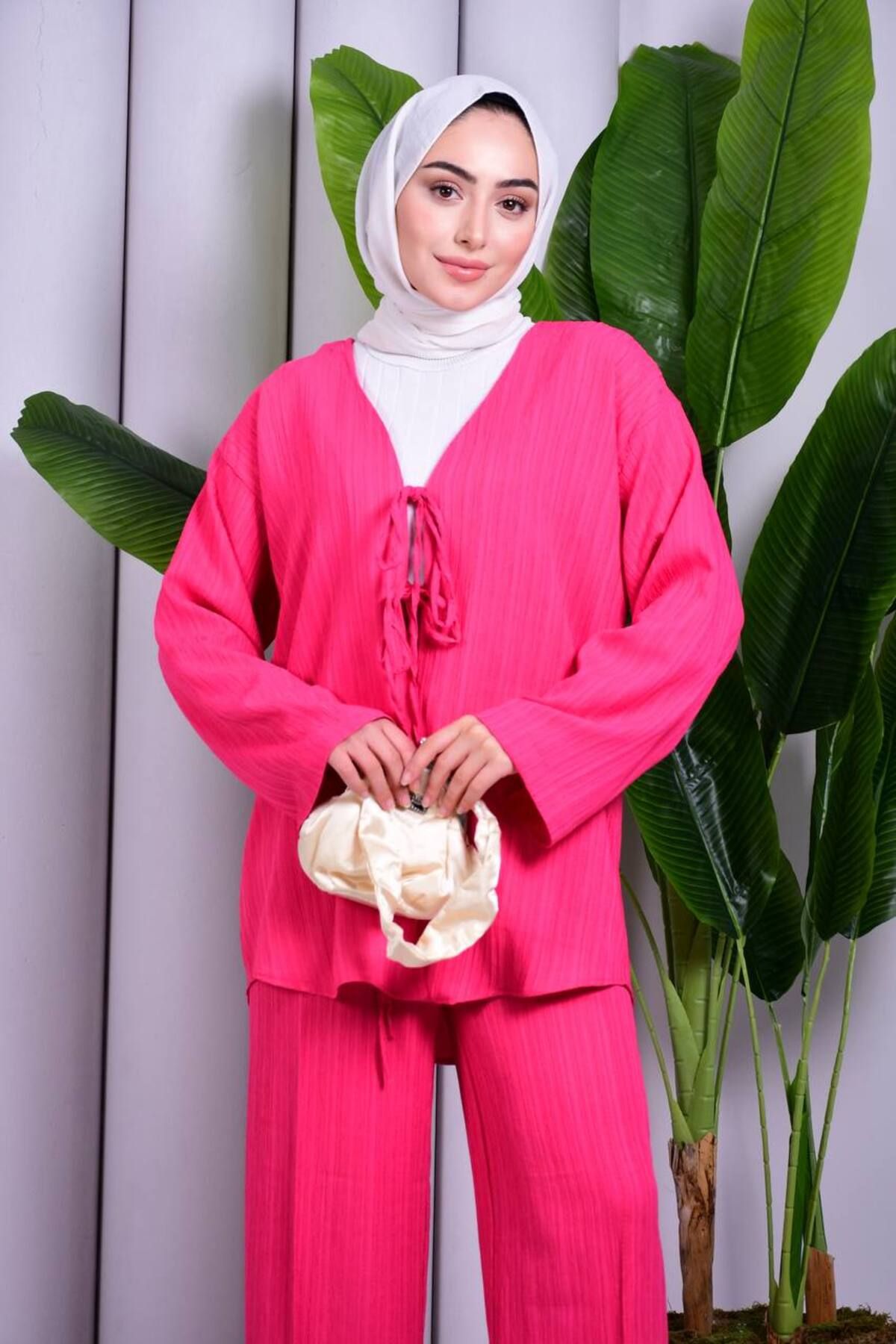ZambakModa Bağcık Detaylı Pantolonlu Kimono Takım