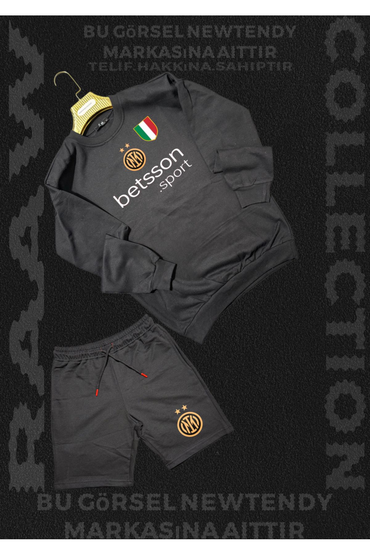 Minikelya Inter Logolu Kapüşonlu Sweatshirt ve yazlık şort Takımı Erkek Taraftar Spor Giyim Seti 2li kombin