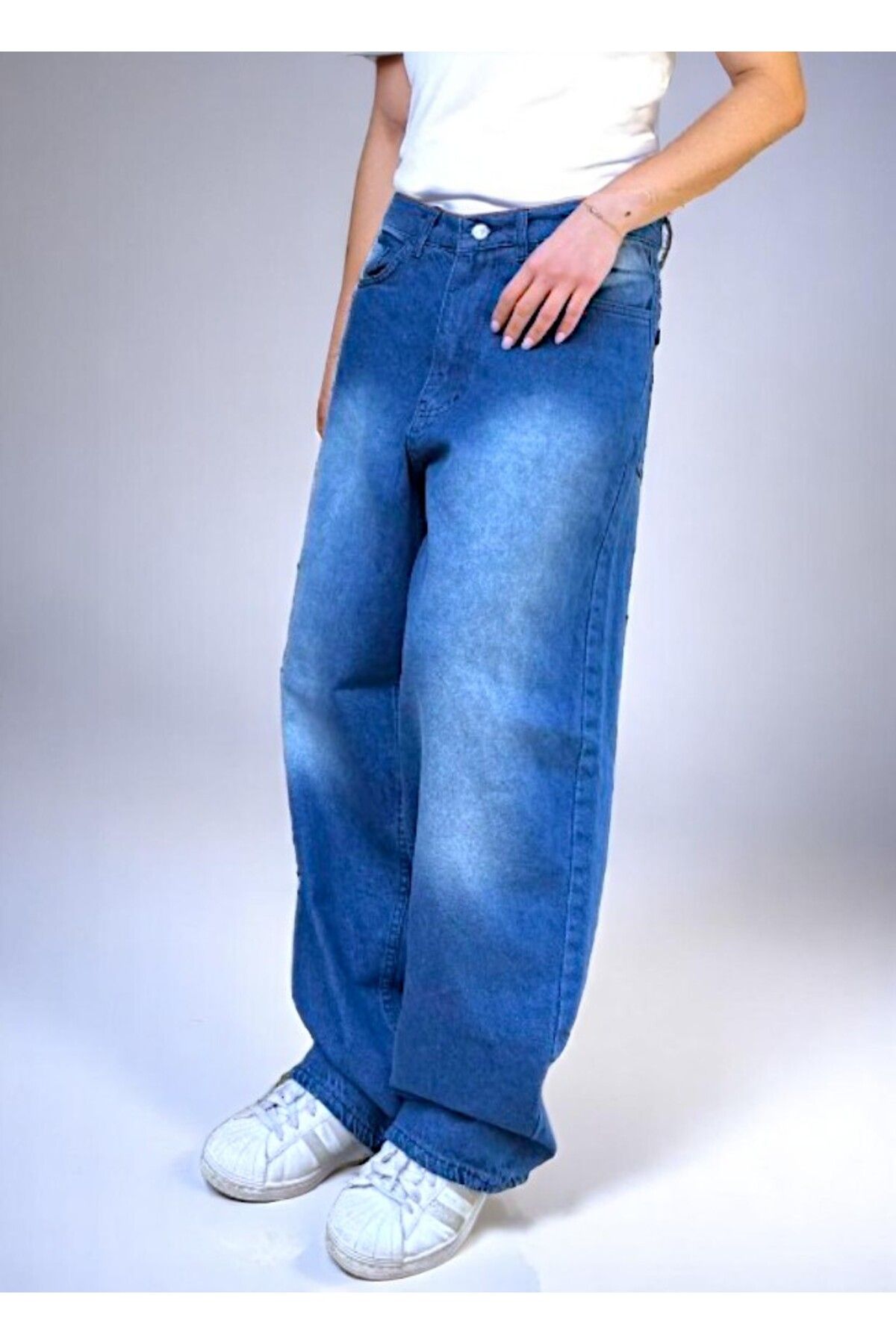 KOTOLOG Unisex Mavi Baggy Yıkamalı Boru Paça Jeans Pantolon