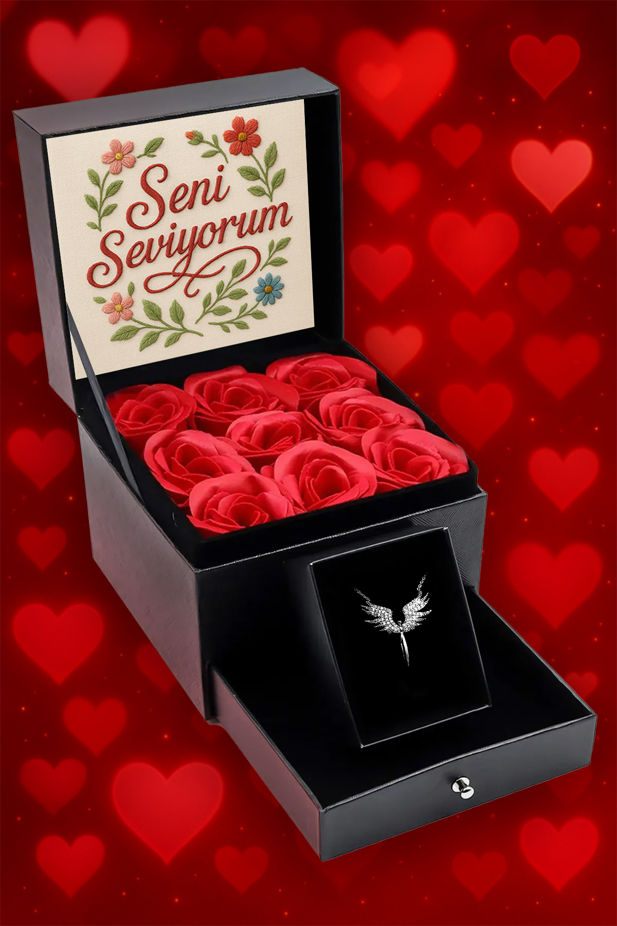 vegahediye v vega Seni Seviyorum Yazılı Gül Kutusu & Mikail Melek Kolye Hediye Seti – Sevgiliye Anlamlı Romantik Hediy