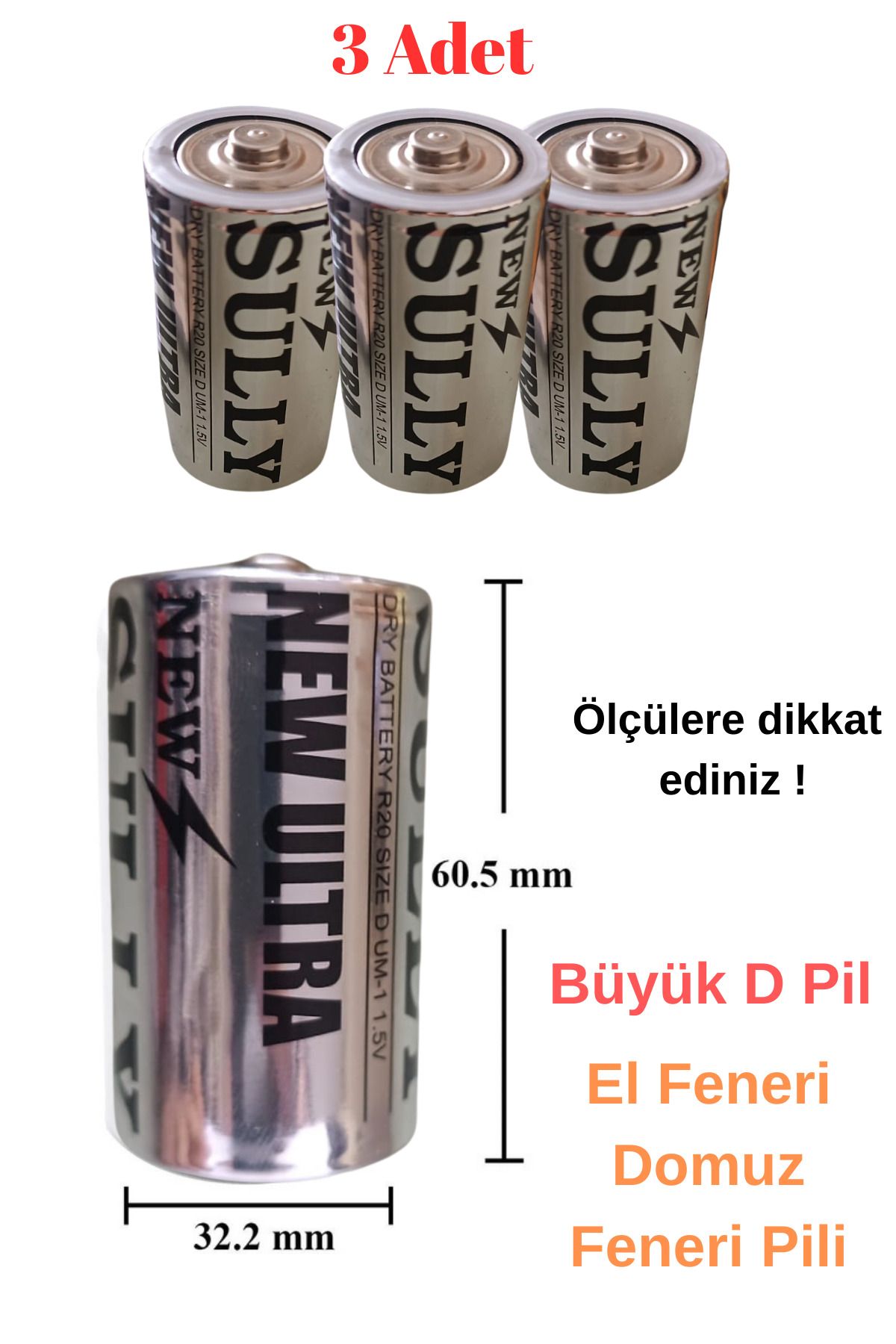 Janva 3 adet D Pil El Feneri Radyo Domuz Feneri Pili Ölçüyü dikkate alınız (32mmx60mm)