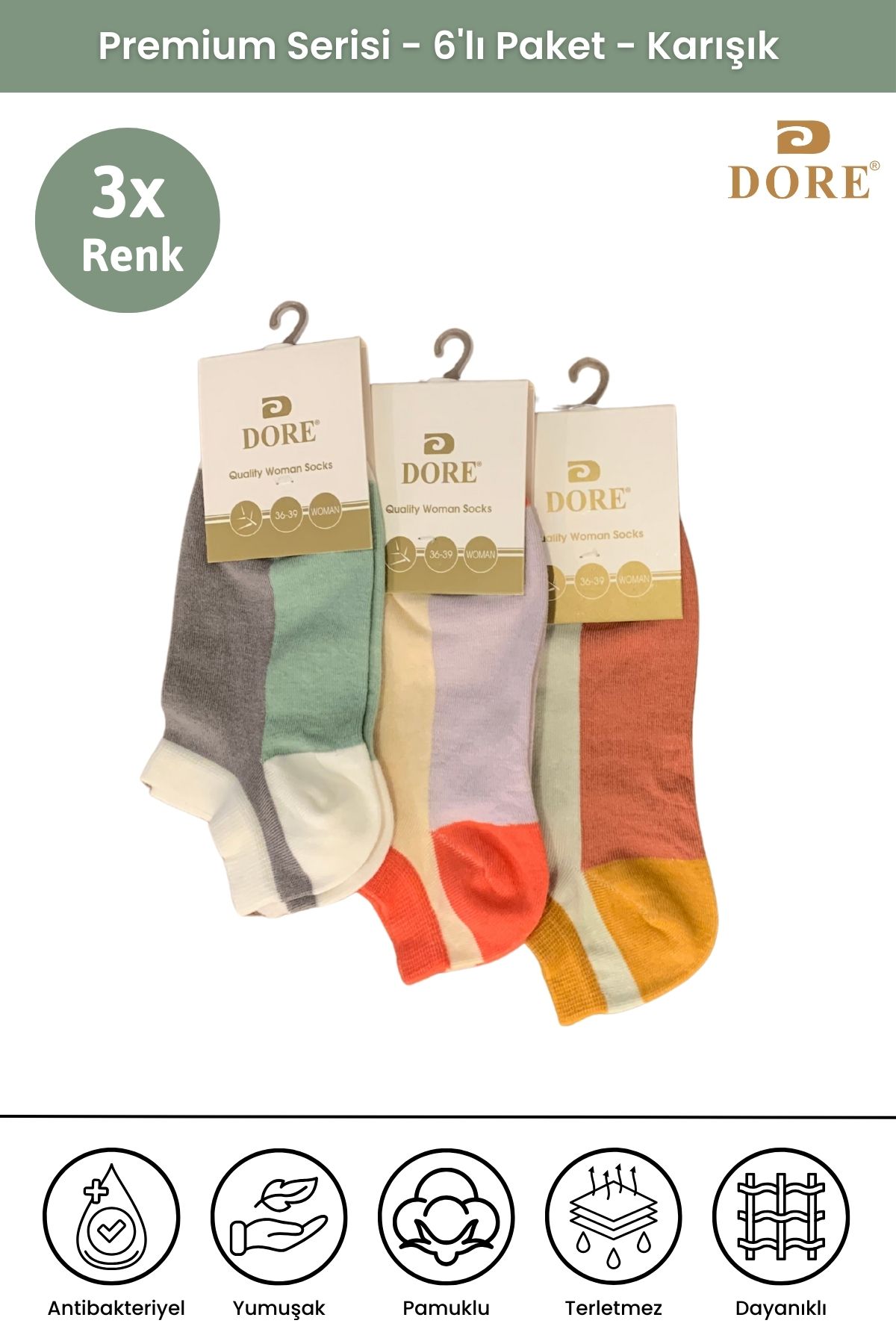 Dore Orijinal Kadın 3 Çift Nefes Alan Ultra Soft Konfor Modeli Spor Ayakkabı Sneaker Renkli Patik Çorap