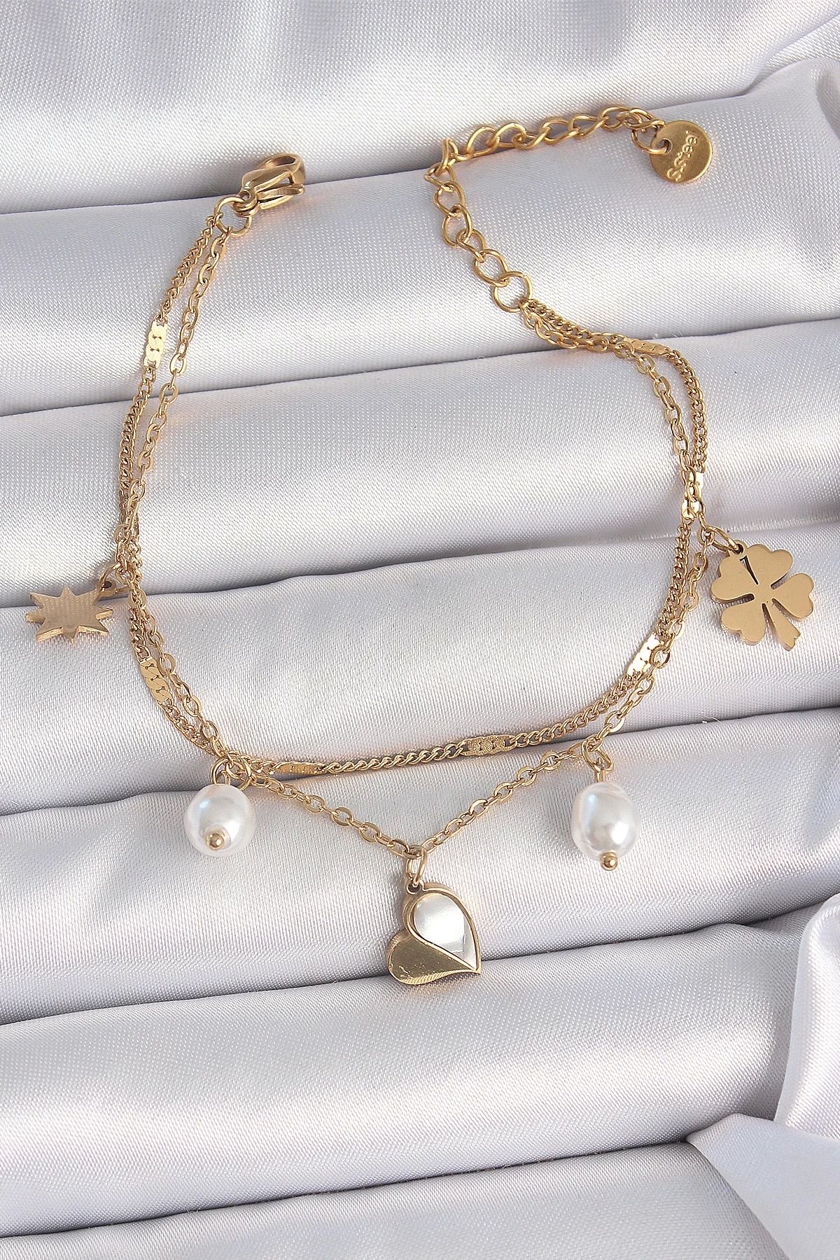 GLIMMERY 316L Çelik Gold Renk 2'li Zincir Model Sallantı Kalp Figür Yonca Detay Kadın Bileklik