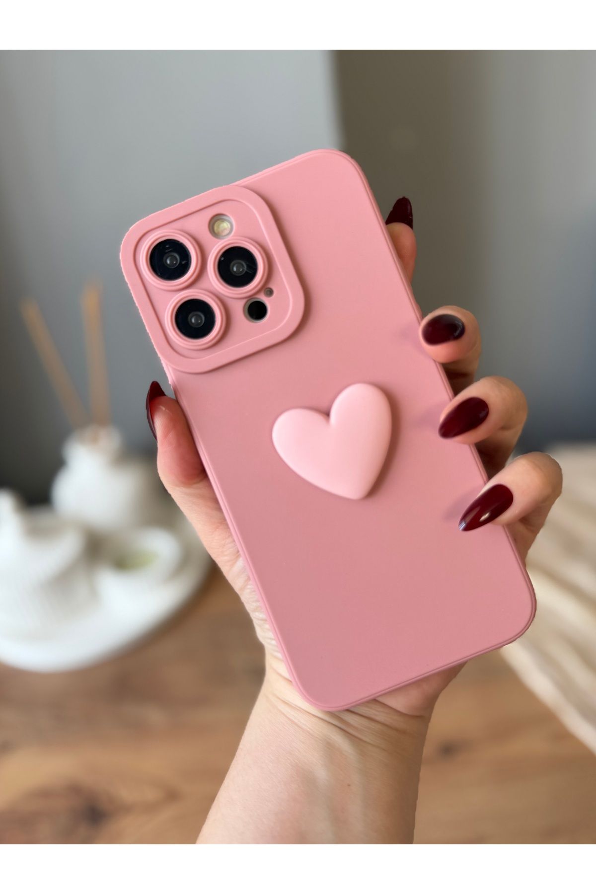 MirazTasarim IPHONE 15 PRO 3D KALP DEKORLU PUDRA RENK KILIF