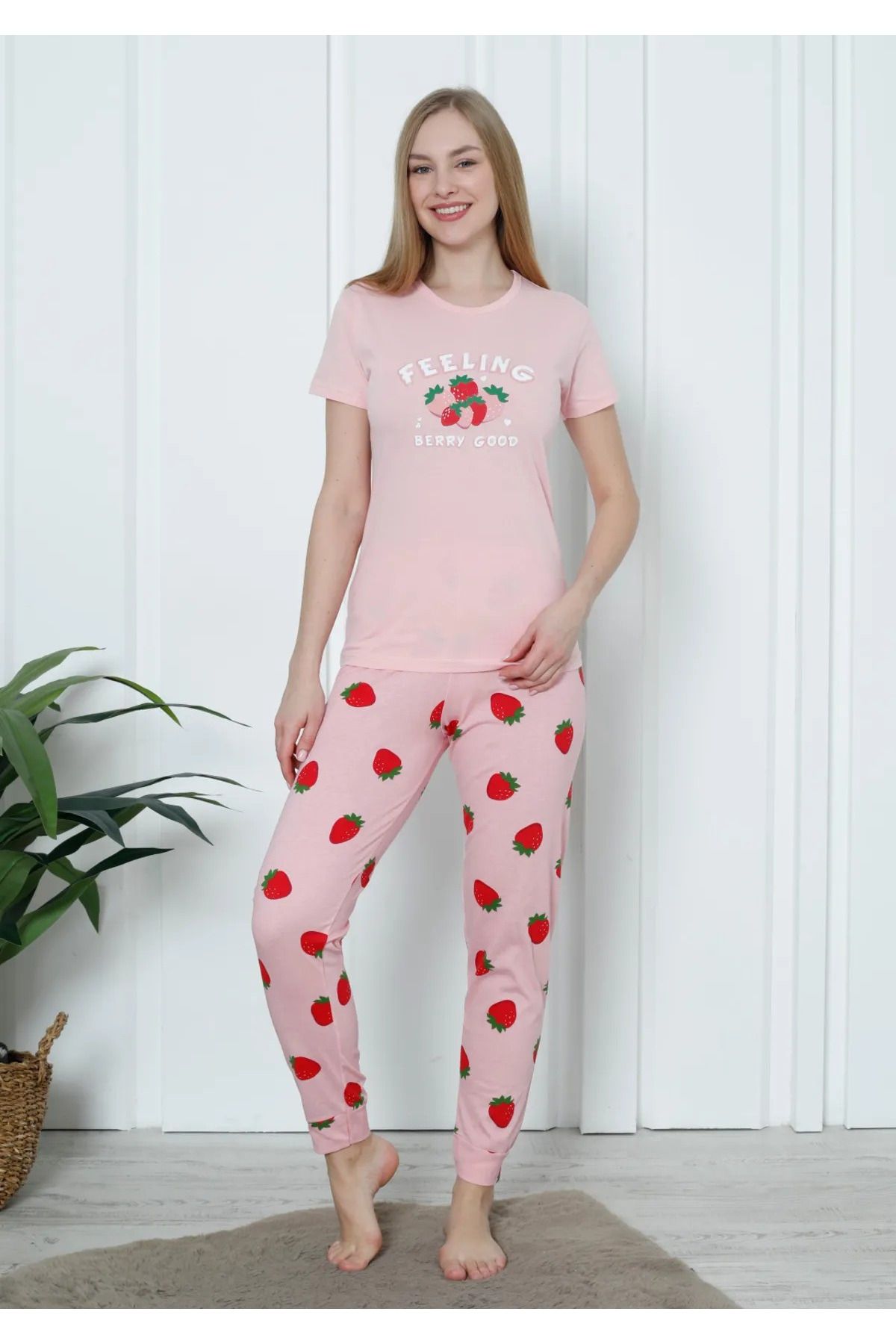 My Blog Pembe Çilek Desenli Kısa Kollu Pijama Takımı - 4123