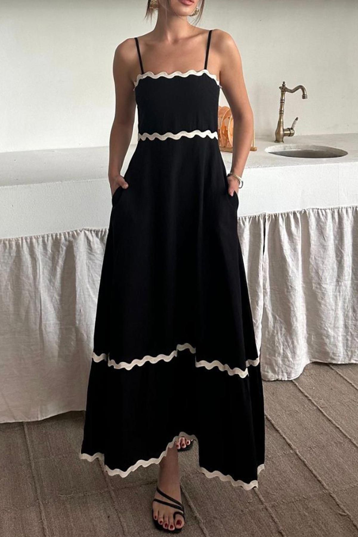 Mine Tan Butik Şerit Detay Kolsuz Keten Astarlı Elbise - Siyah