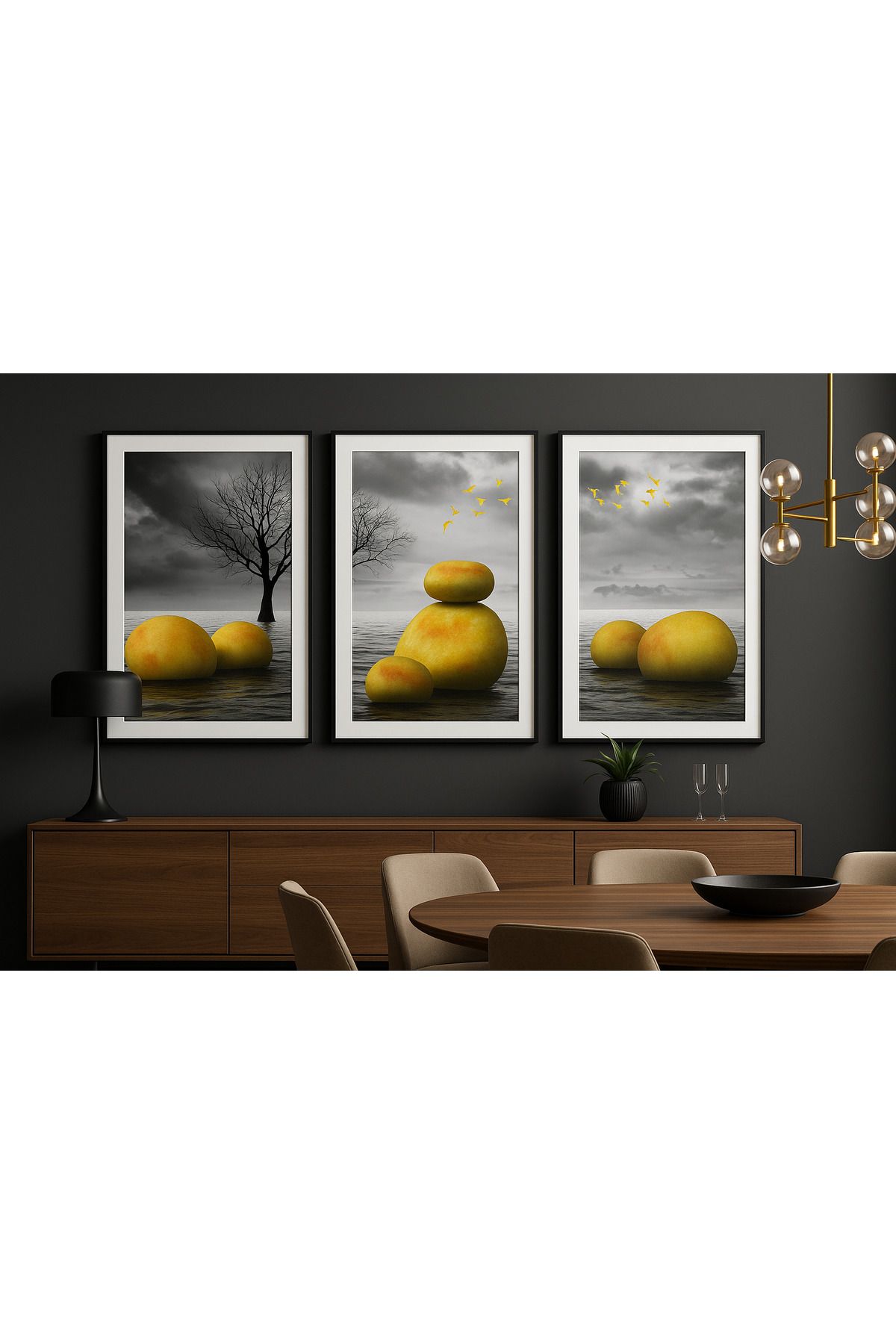 volo dekor - Tablo , Doğal Ahşap Çerçeveli , Soyut Sanat Tablo Seti Ev & Ofis Dekoru,