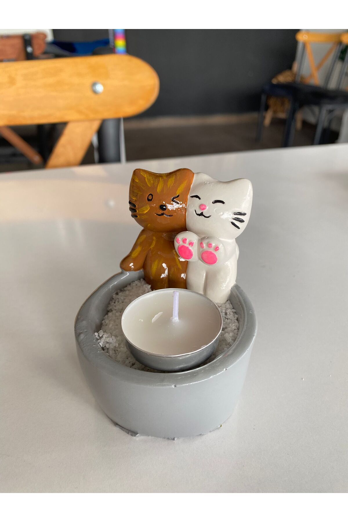WionArt Çift Kedi Mumluk Renkli Biblo