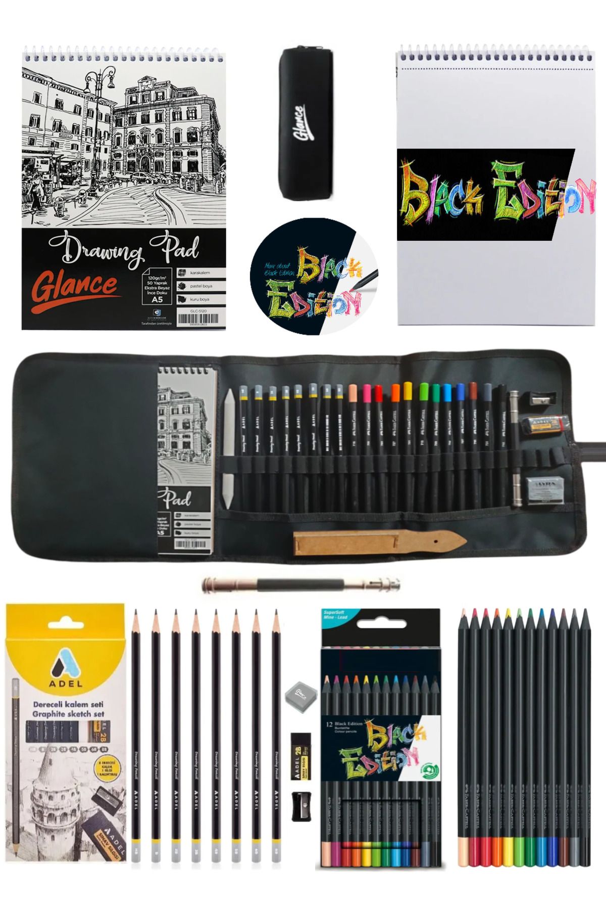 GLANCE Eskiz Defteri A5 120 gr 50 yp Black Edition Boya Kalemi 12 Renk Cepli Siyah Kalemlik 24 bölmeli Set