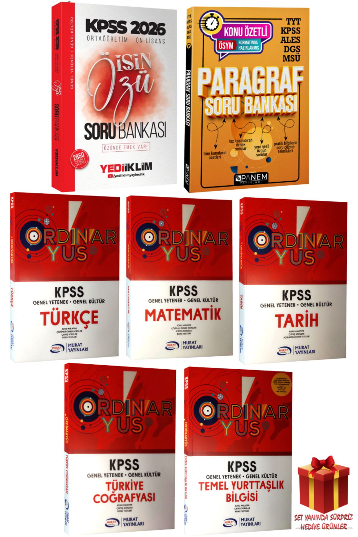 Yediiklim Yayınları 2026 KPSS Ortaöğretim-Ön Lisans İşin Özü+Paragraf Soru Bankası+Ordinaryus Tüm Dersler Konu Anlatımı