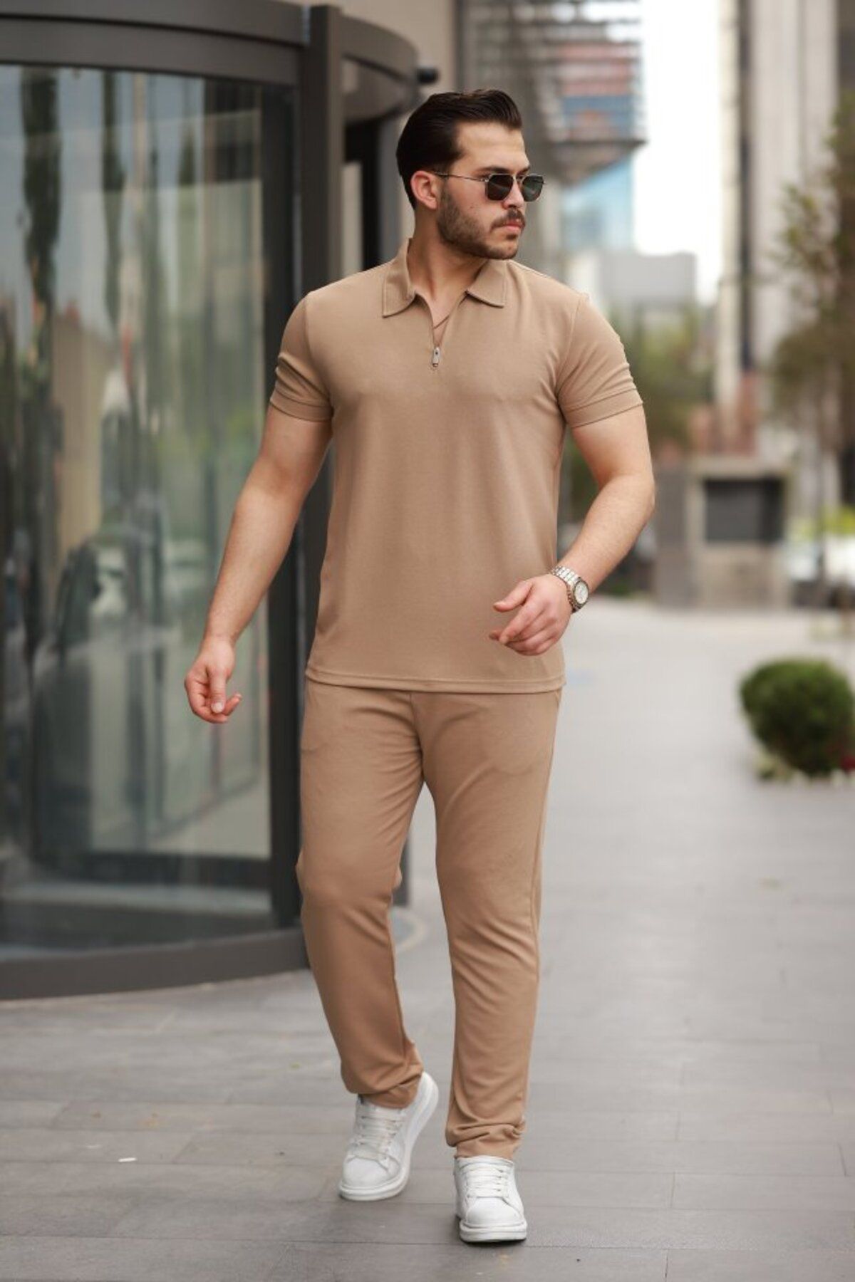 JANES Erkek Yakalı Fermuarlı T-Shirt Pantolon Ikili Rahat Takım