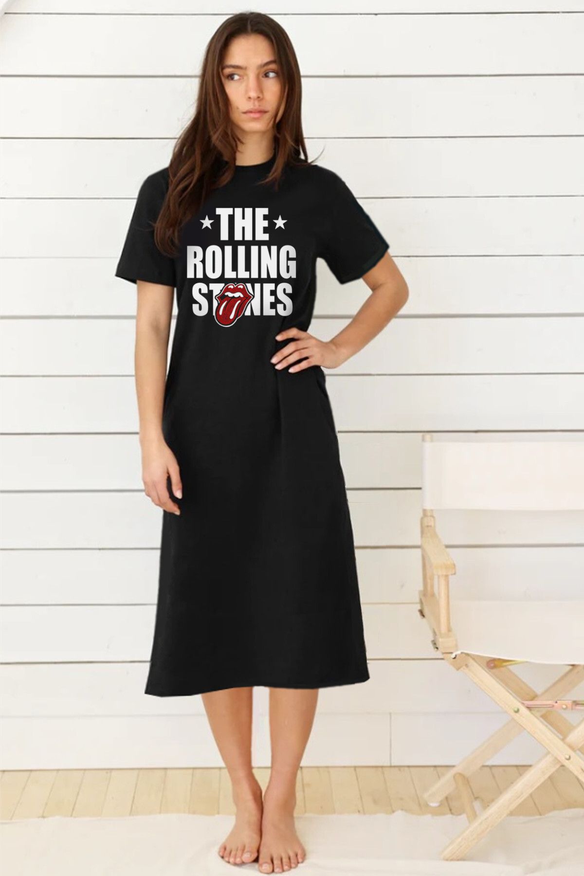 ROCKANDROLL Rolling Stones Siyah Bisiklet Yaka Kısa Kollu Penye Uzun Elbise