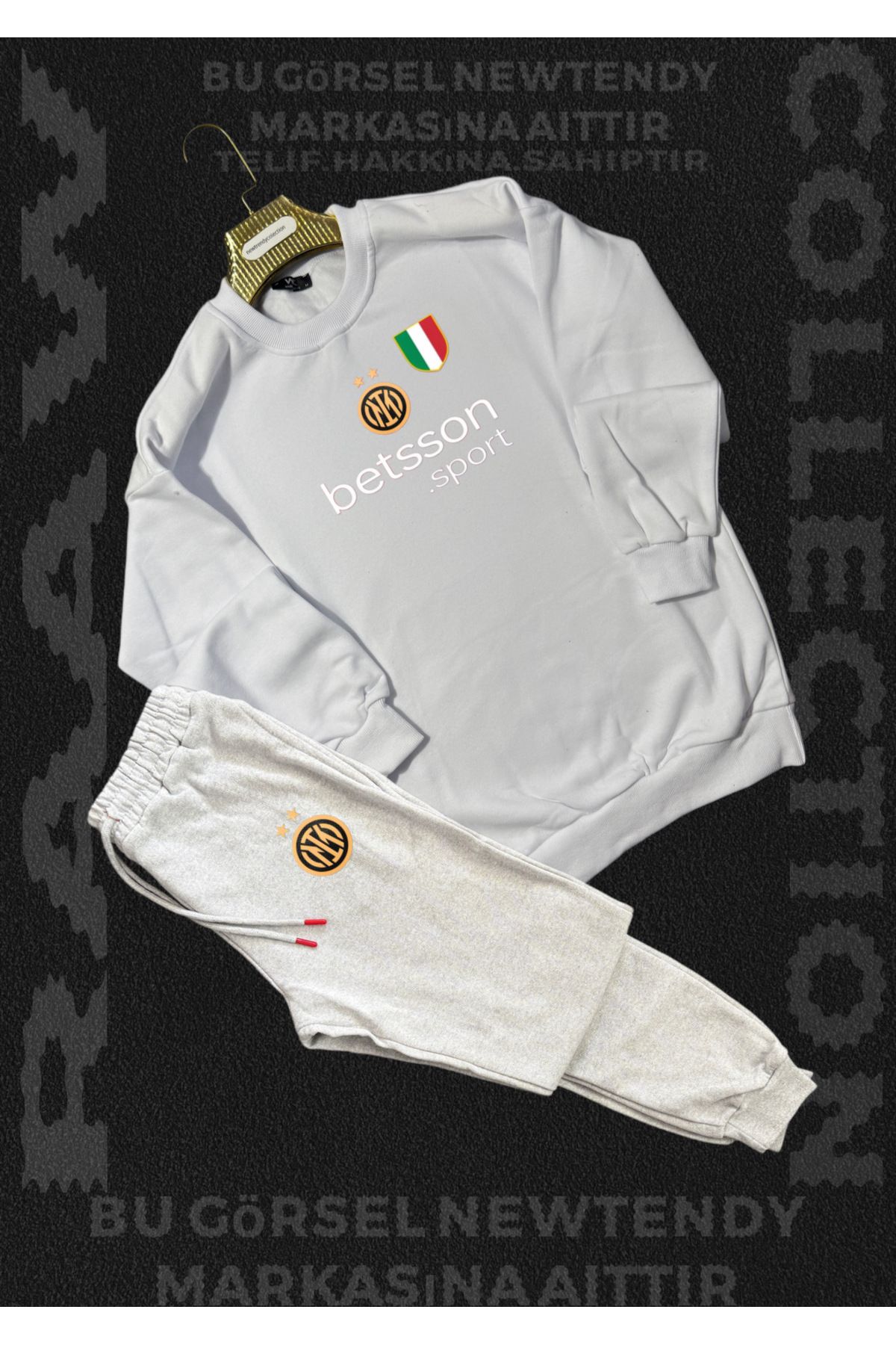 Minikelya Inter Logolu Kapüşonlu Sweatshirt ve eşofman Takımı Erkek Taraftar Spor Giyim Seti 2li kombin