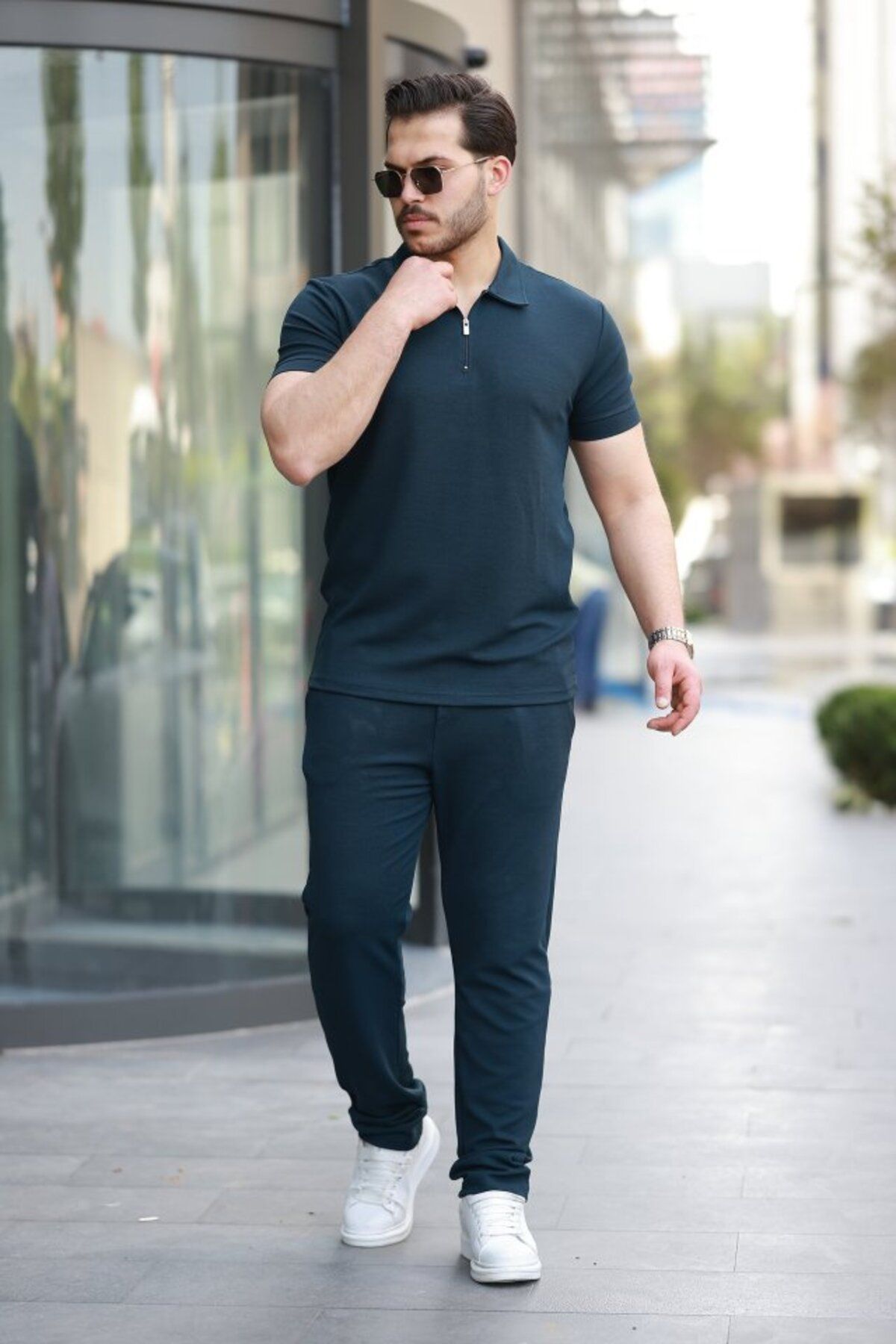 JANES Erkek Yakalı Fermuarlı T-Shirt Pantolon Ikili Rahat Takım