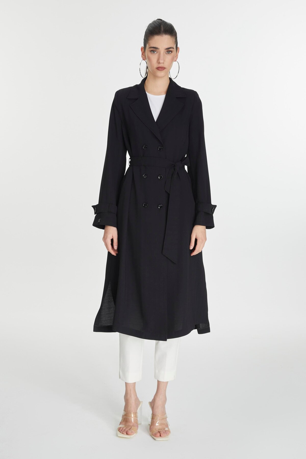 Zühre-Double Breasted Collar Sleeve Detailed Belted Black Cap 13761 1