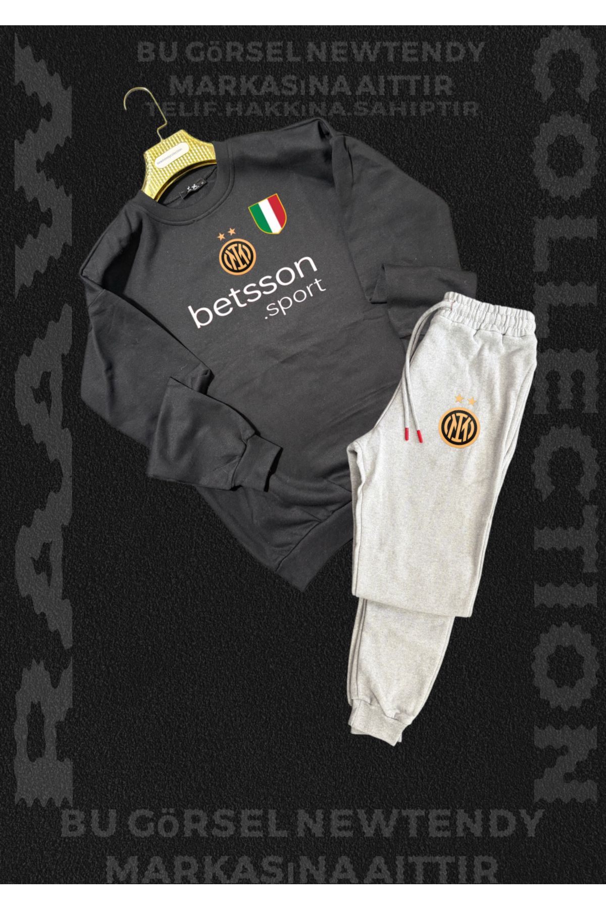 Minikelya Inter Logolu Kapüşonlu Sweatshirt ve eşofman Takımı Erkek Taraftar Spor Giyim Seti 2li kombin