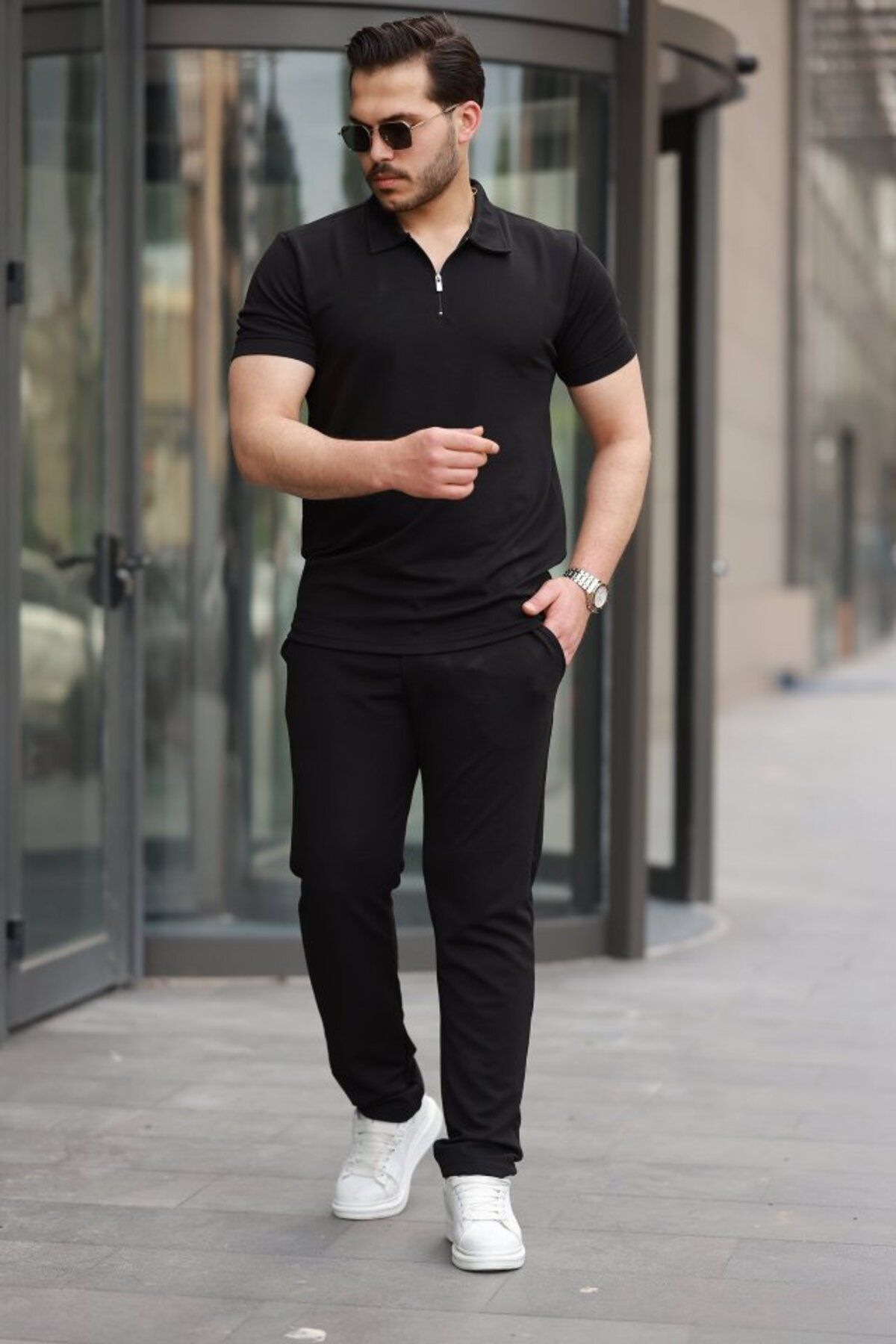 JANES Erkek Yakalı Fermuarlı T-Shirt Pantolon Ikili Rahat Takım