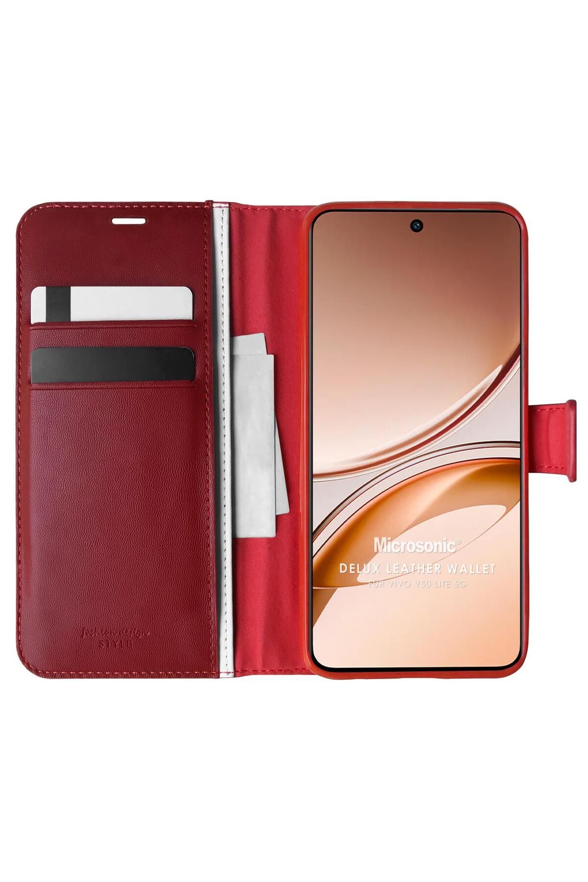 Microsonic Vivo V50 Lite 5G Kılıf Delux Leather Wallet Kırmızı