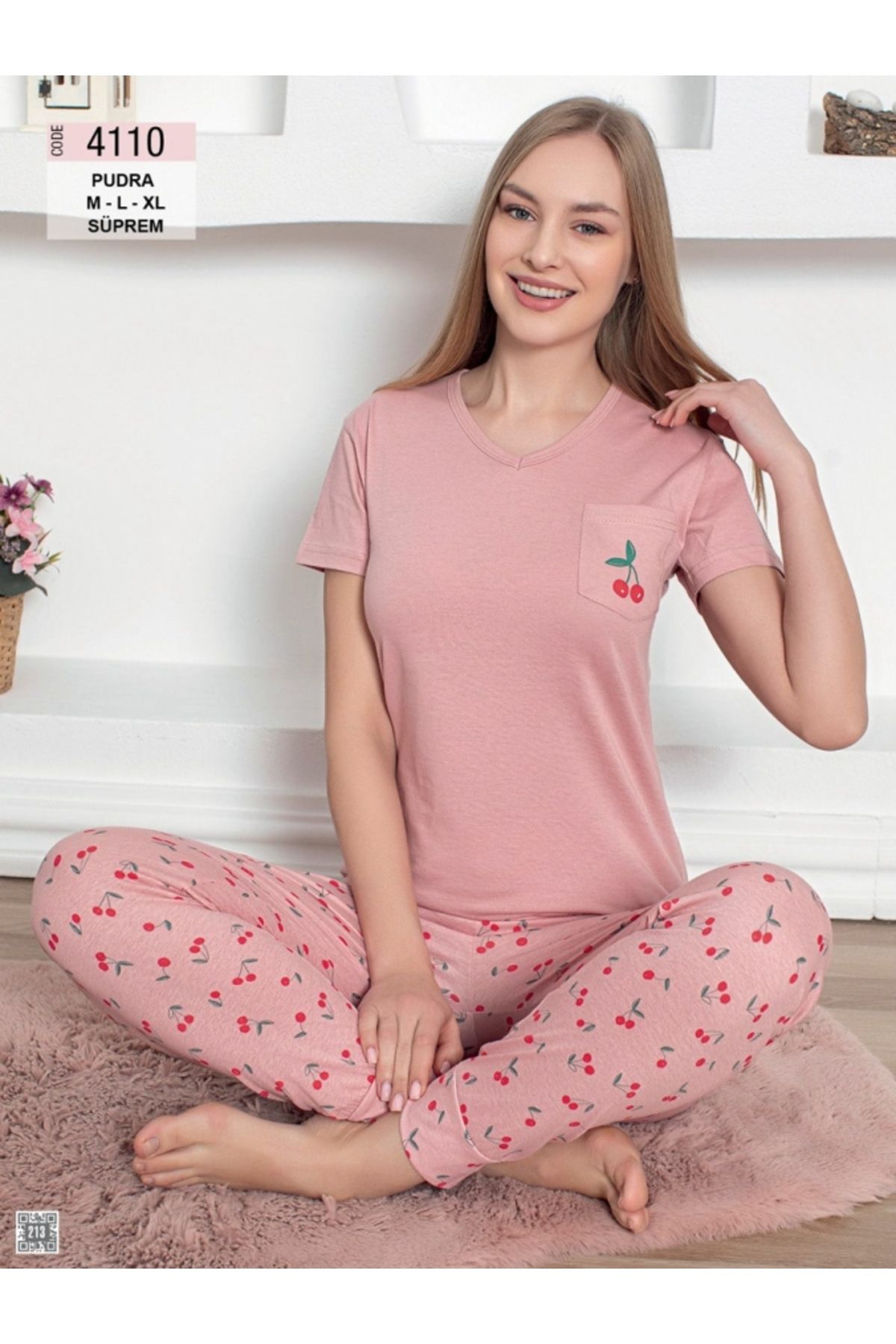 My Blog Pudra Kiraz Desenli Kısa Kollu Pijama Takımı - 4110