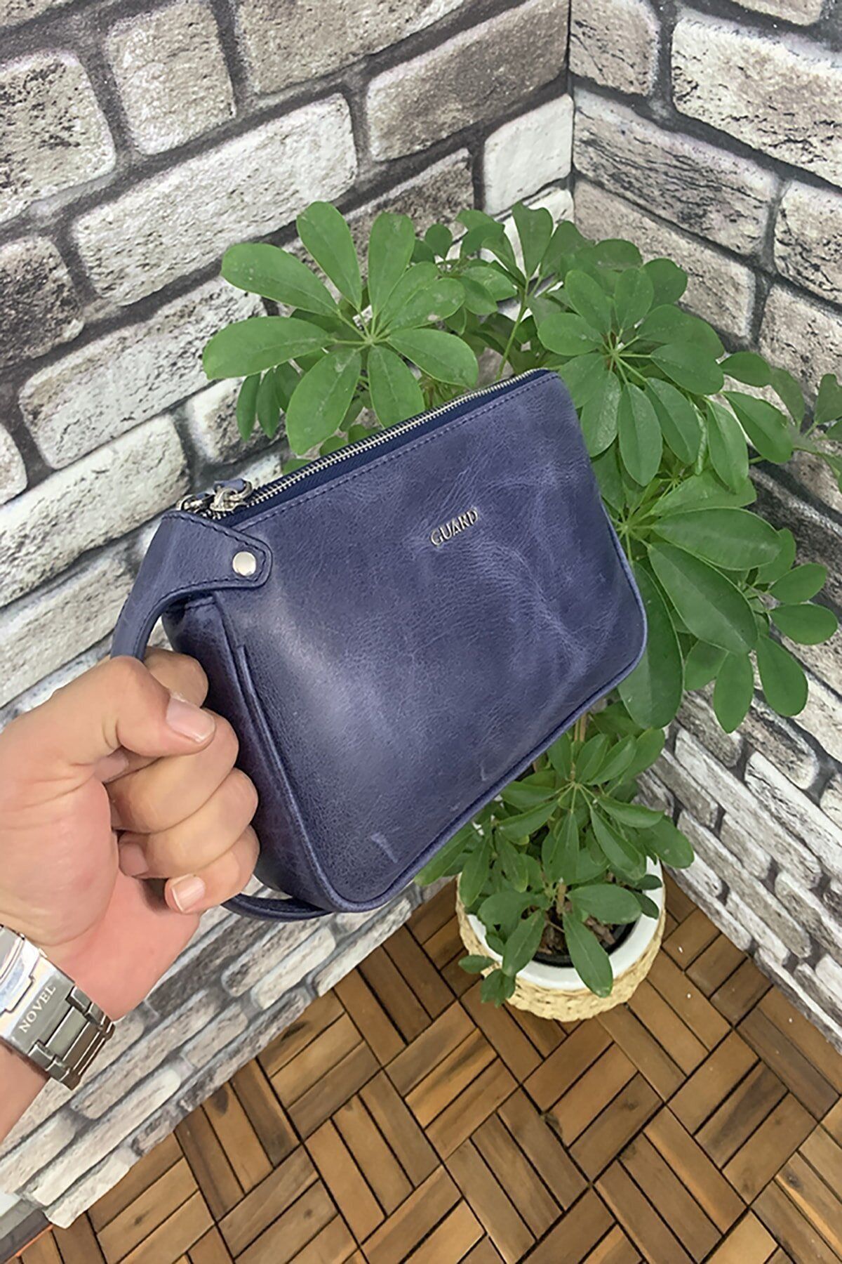 DERİJE Hakiki Deri Erkek Antik Lacivert Çift Fermuarlı El Çantası (T1553)