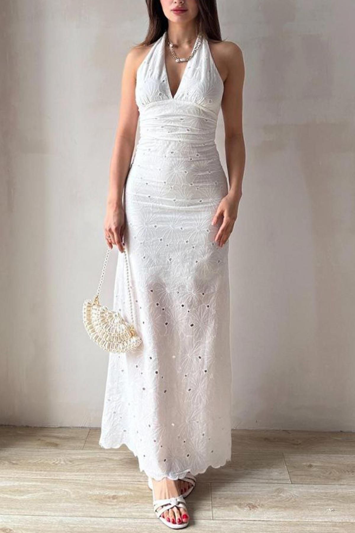 Mine Tan Butik Brode Kumaş Boyundan Bağlamalı Elbise - Beyaz
