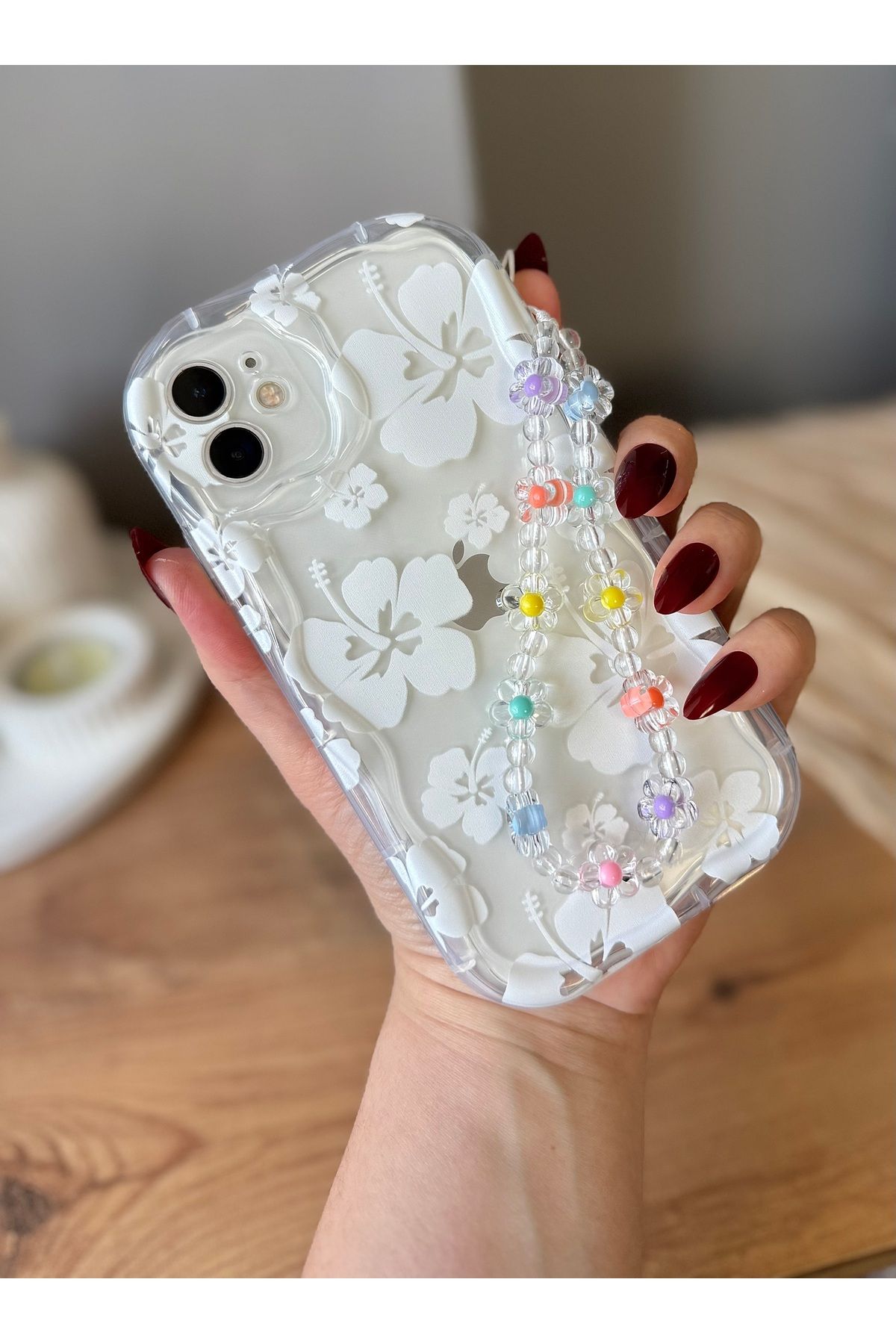 MirazTasarim IPHONE 11 CHARMLI ŞEFFAF ÇİÇEK DESENLİ DALGALI KENARLI KILIF