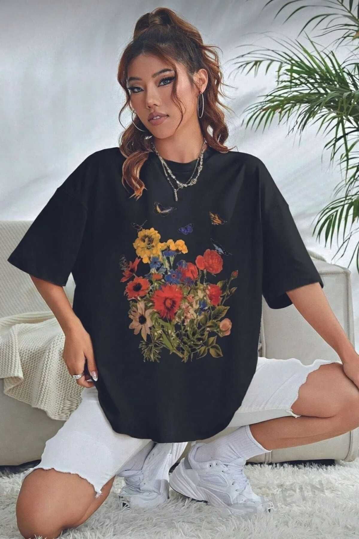 TekTarzz Unısex Pamuklu Flowers Baskılı Tasarım Tshirt