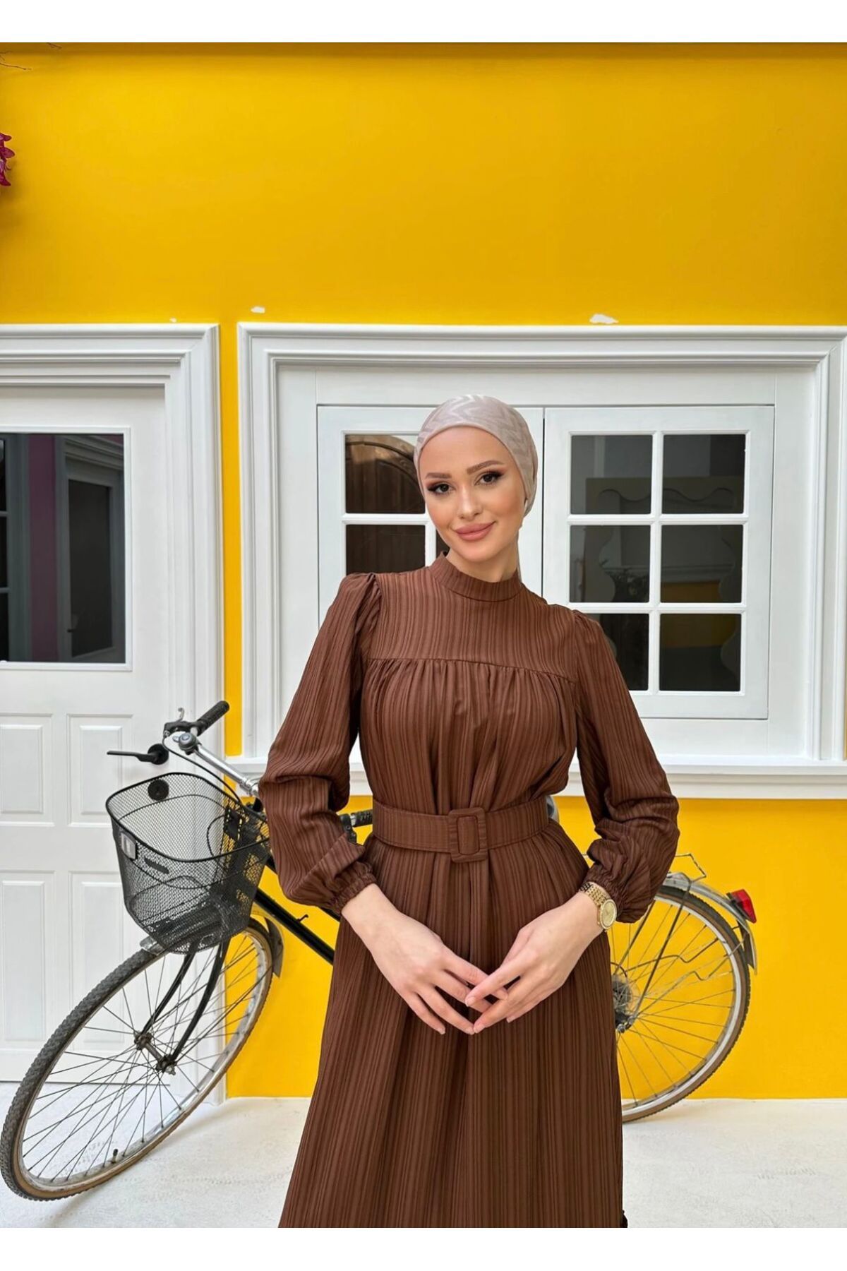 ALLMİRA FASHION Robalı Kemer Detaylı Tesettür Uzun Elbise Kahverengi