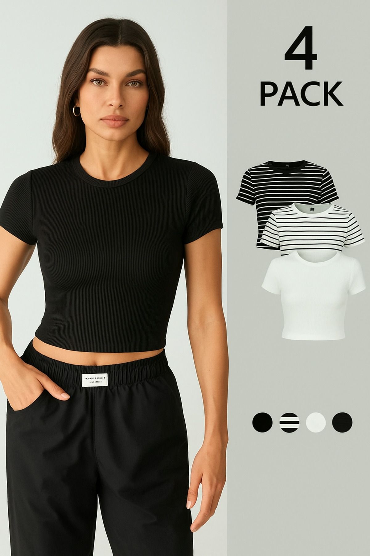 ÖZ PAMUK Kadın 4 Lü Adet Fitilli Pamuklu Kumaş Bisiklet Yaka Örme Crop T-shirt