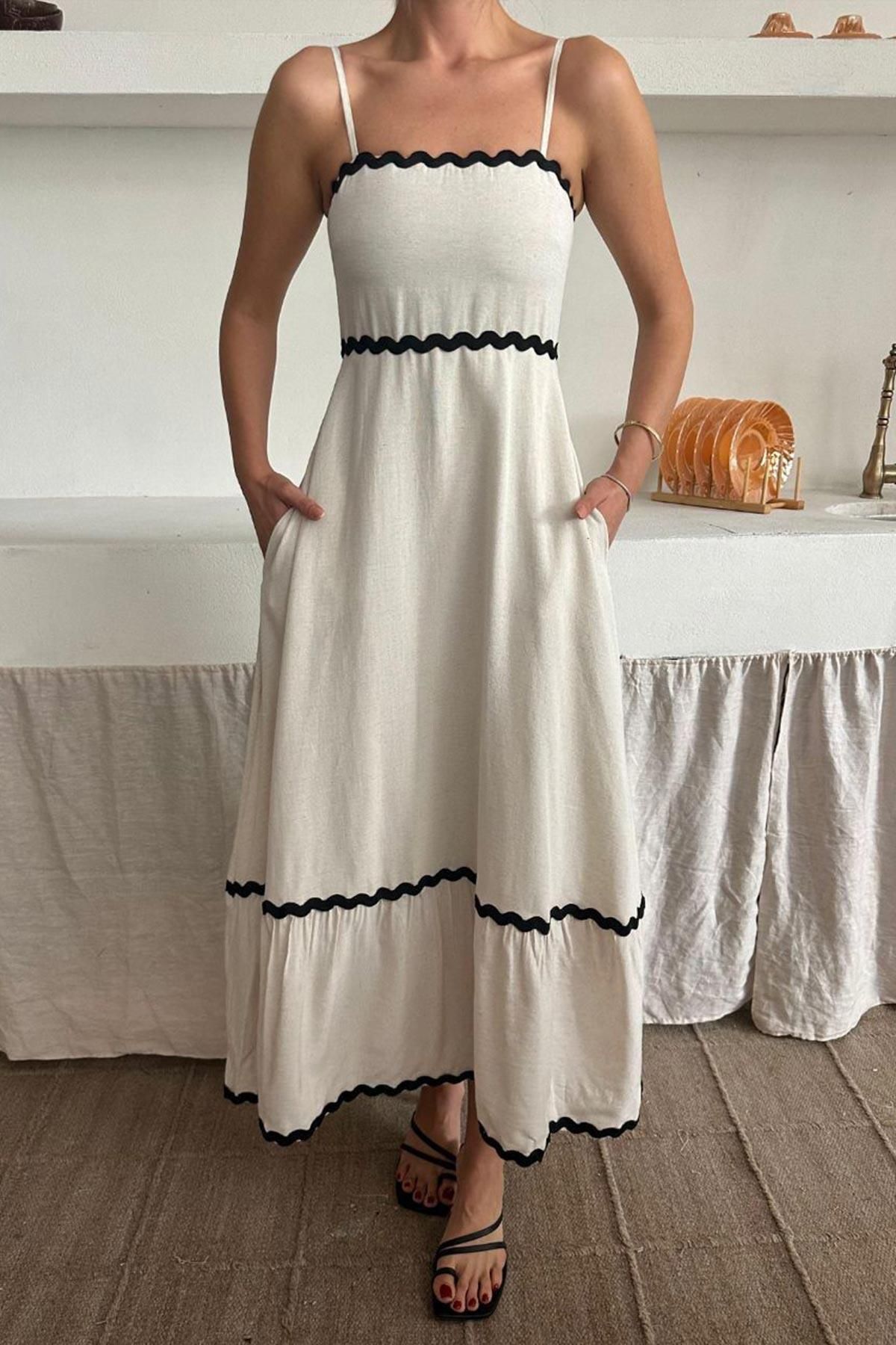 Mine Tan Butik Şerit Detay Kolsuz Keten Astarlı Elbise - Bej
