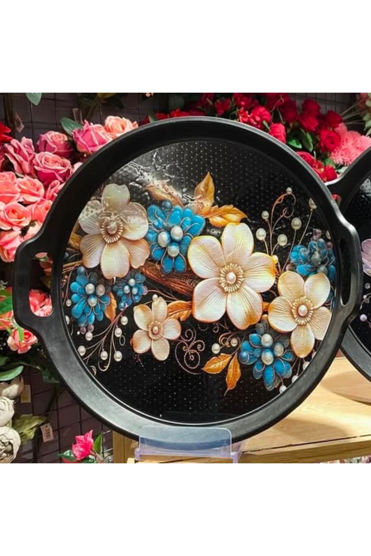 abnturk Dekoratif Kulplu Yuvarlak Siyah Renk Servis Tepsisi Şık Tasarımlı Çay Ve Sunum Tepsisi (Çap:33cm)