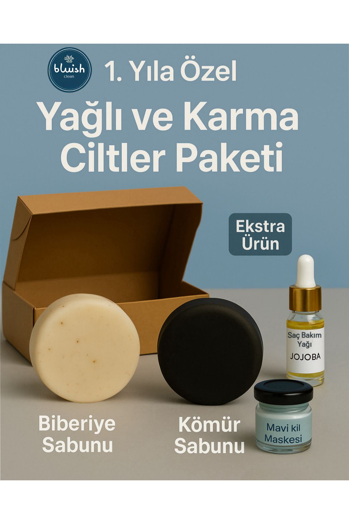 Bluish Clean Yağlı Ciltler Paketi - Kömür ve Biberiye Sabunu