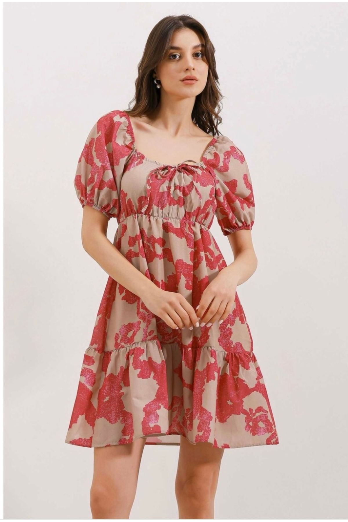 MODA Vintage Pembe Çiçek Desenli Bej Mini Elbise