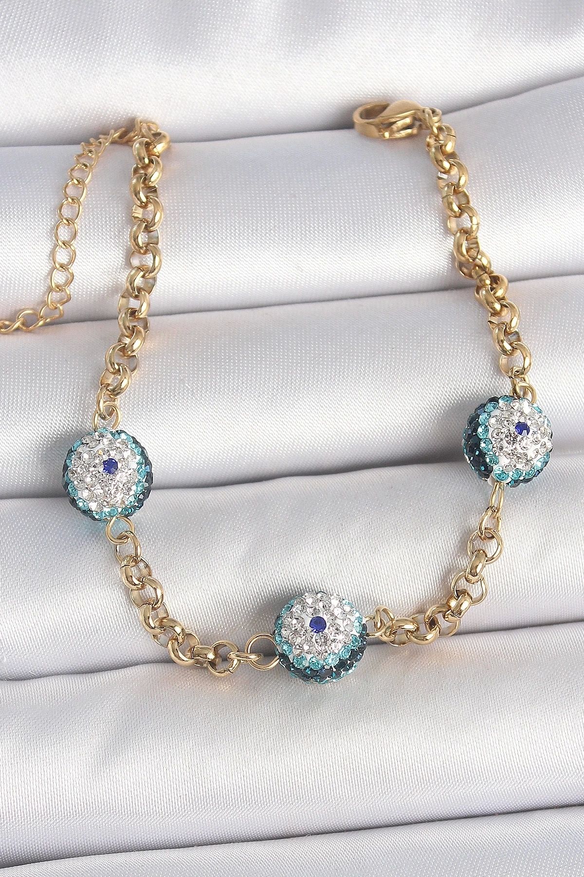 GLIMMERY 316L Çelik Gold Renk Zirkon Taşlı Nazar Boncuk Model Kadı Bileklik