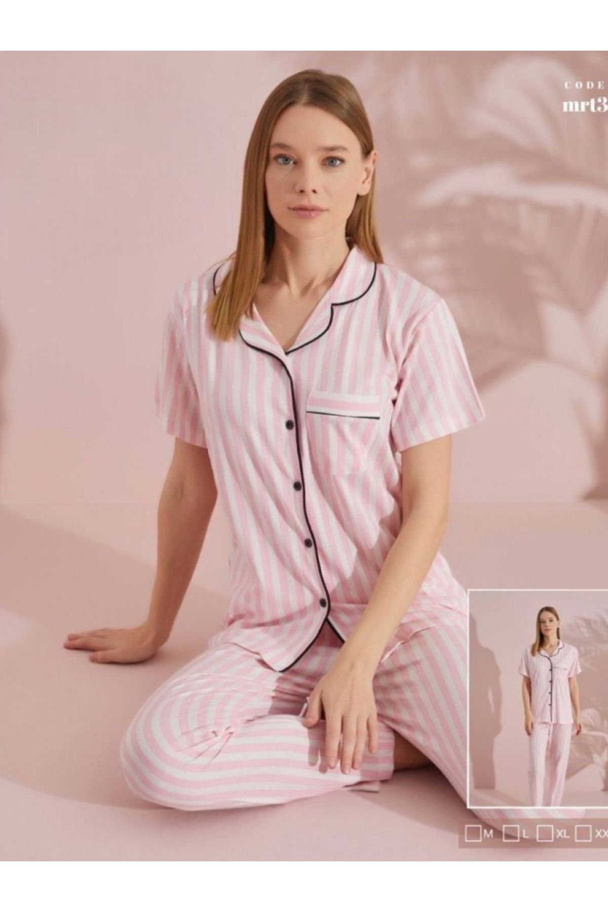 My Blog Pembe Beyaz Çizgili Düğmeli Kısa Kollu Pijama Takım - 0486