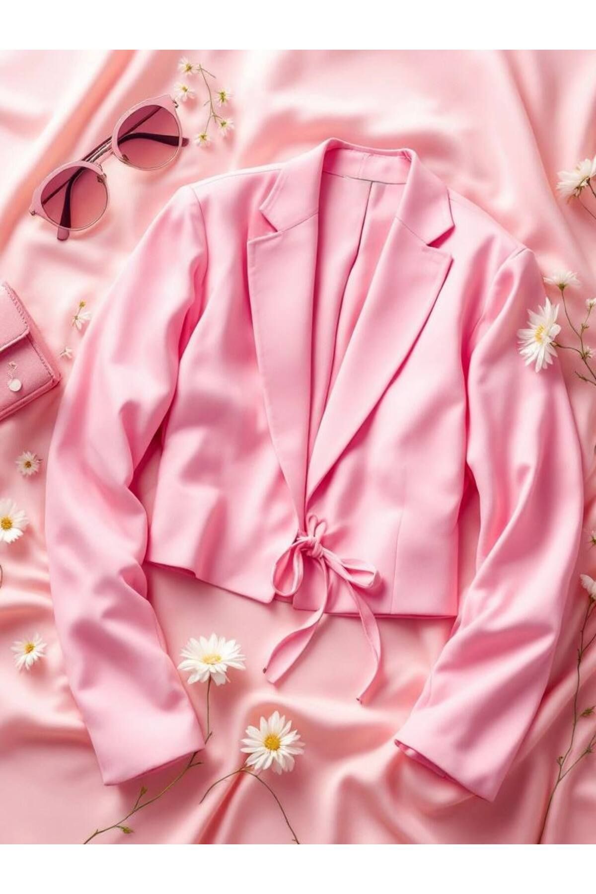 YONEZ MODA Kadın Rahat Kalıp Önden Bağlama Detaylı Bağcıklı Crop Ceket