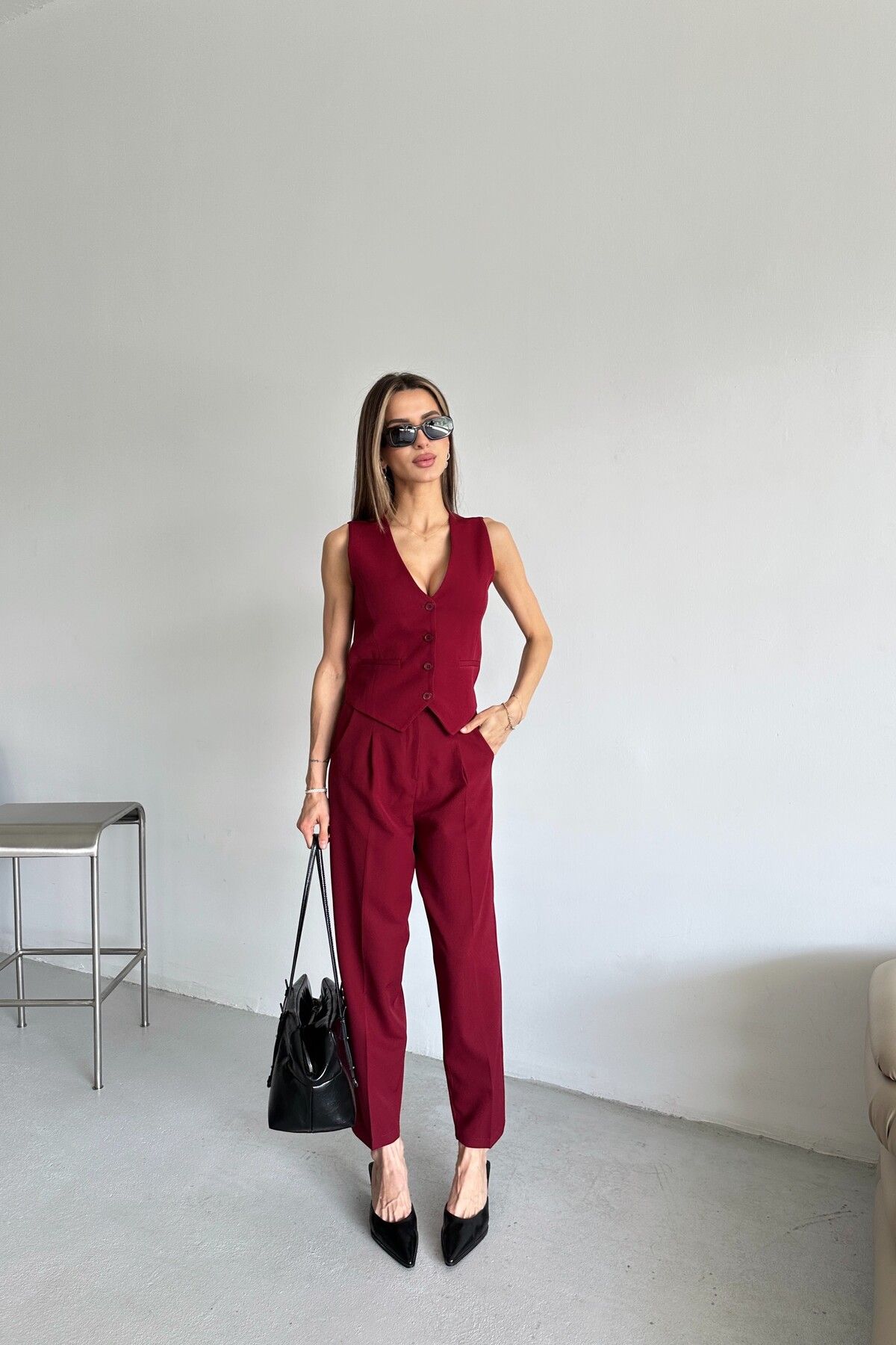 MAT Collection Kadın Bordo Yelek Pantolon İkili Takım