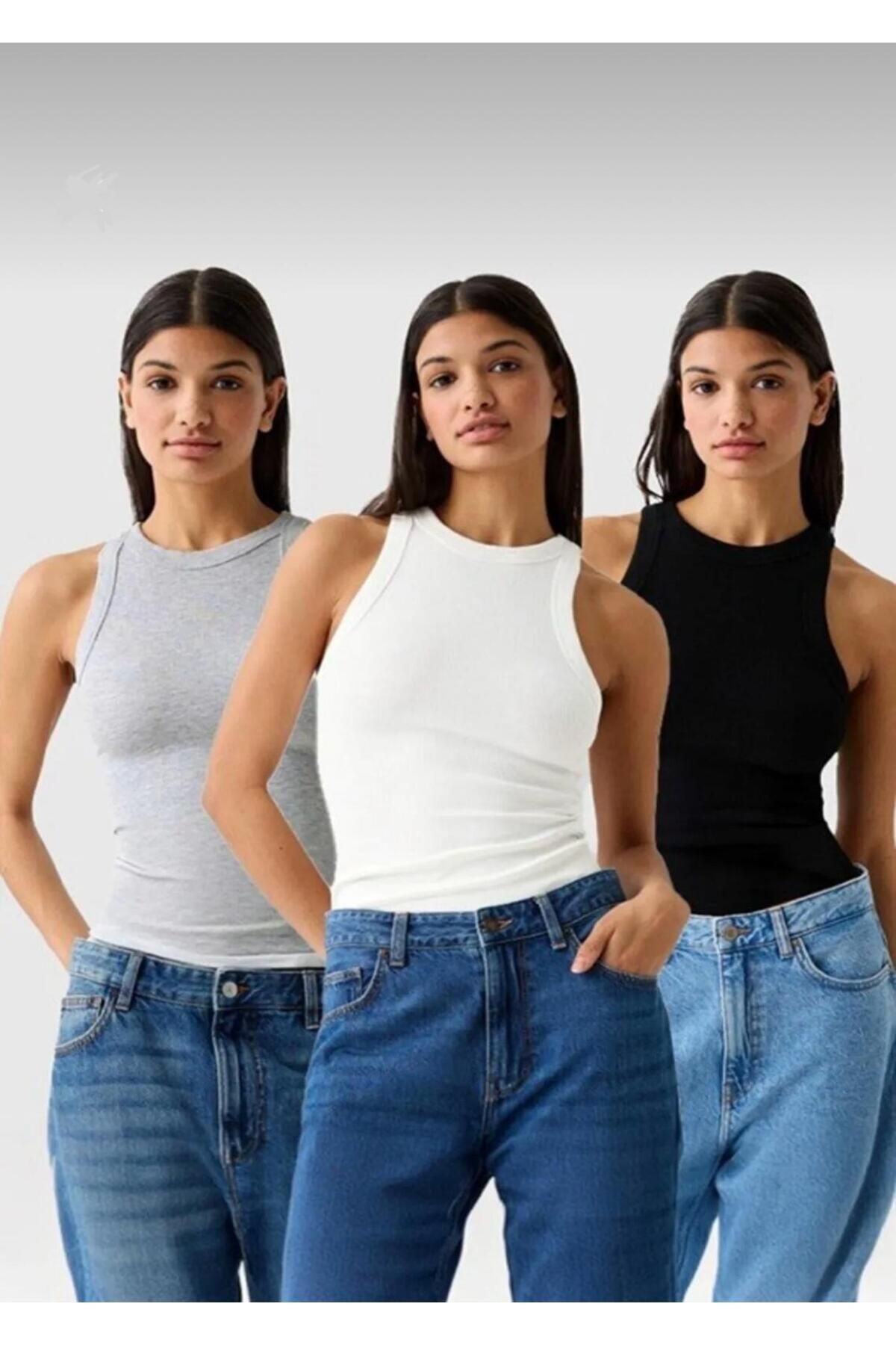 Actiwear 3'lü Halter Yaka Örme Kaşkorse Atlet