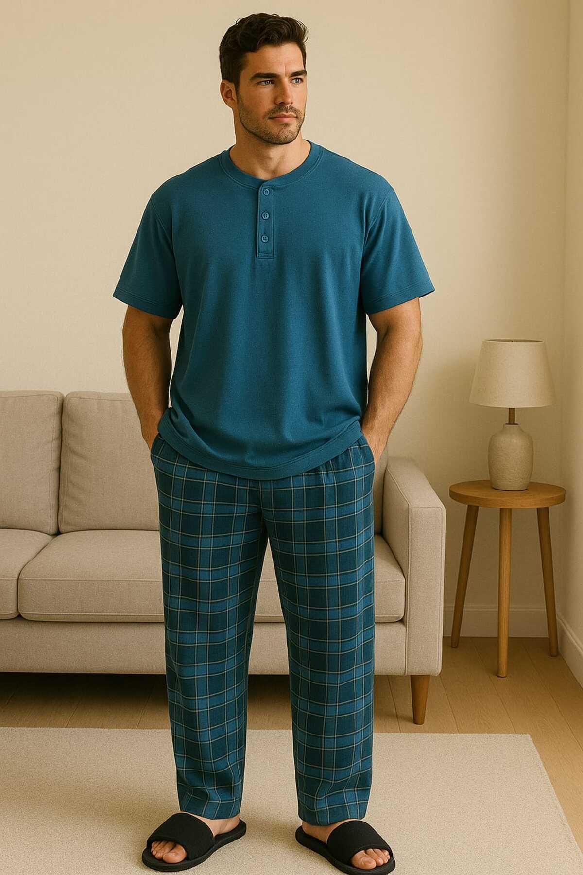 gigigiyim Düğme Detaylı Ekose Desenli Erkek Pijama Takım