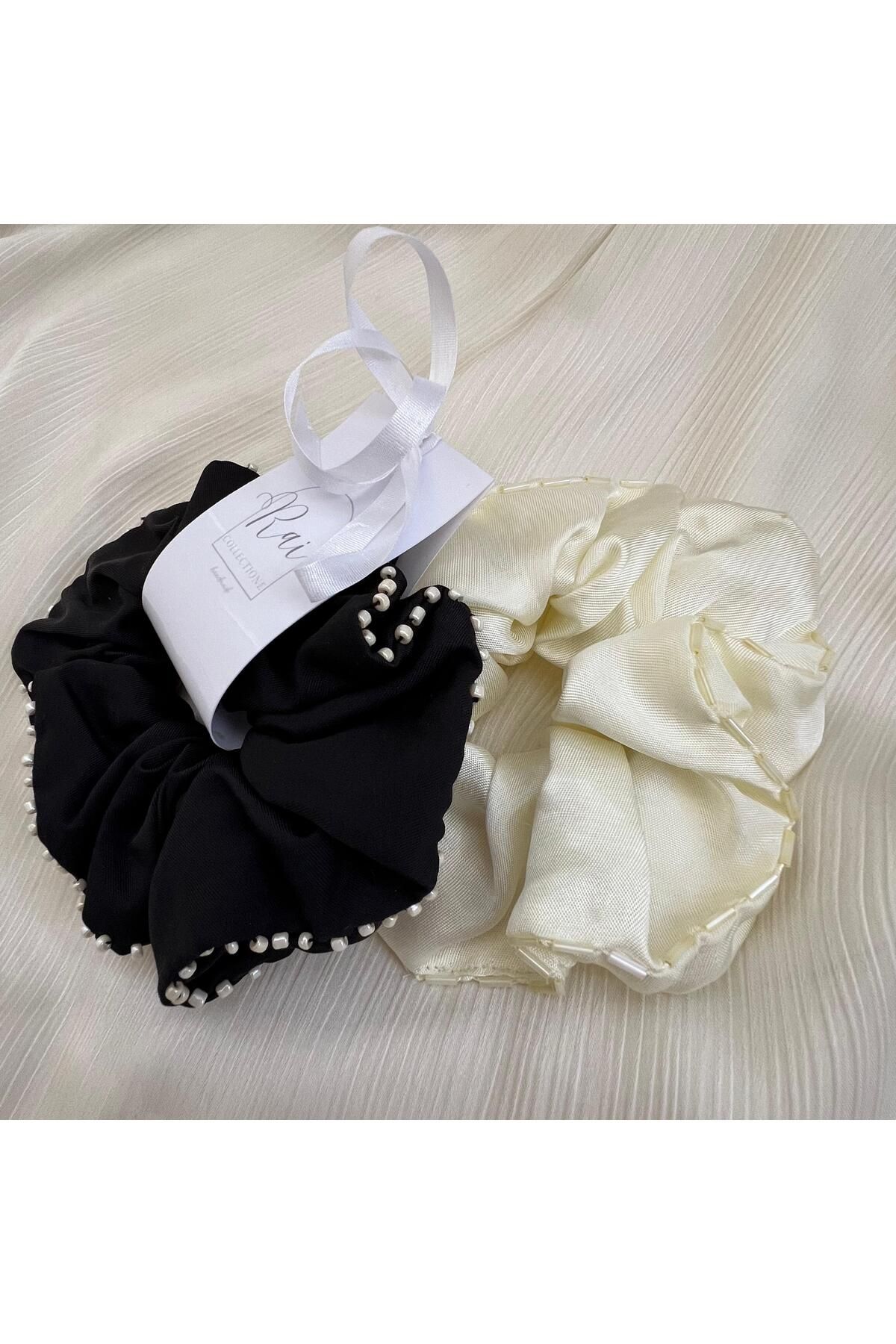 OLEARTISTIC Boncuk Detaylı Siyah Krem 2'li Scrunchie Saç Tokası Seti – Şık & Zarif