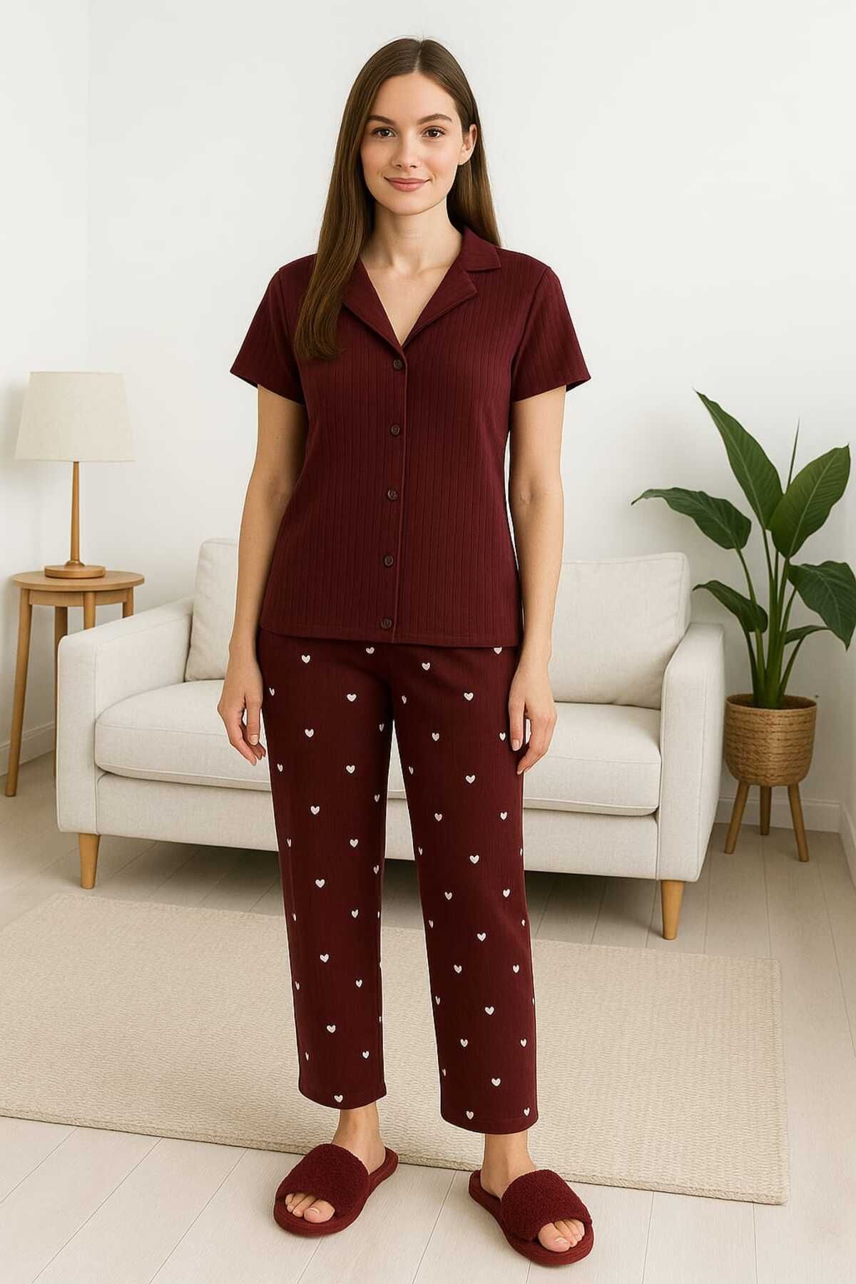 gigigiyim Kalp Desenli Önü Düğmeli Kadın Pijama Takım
