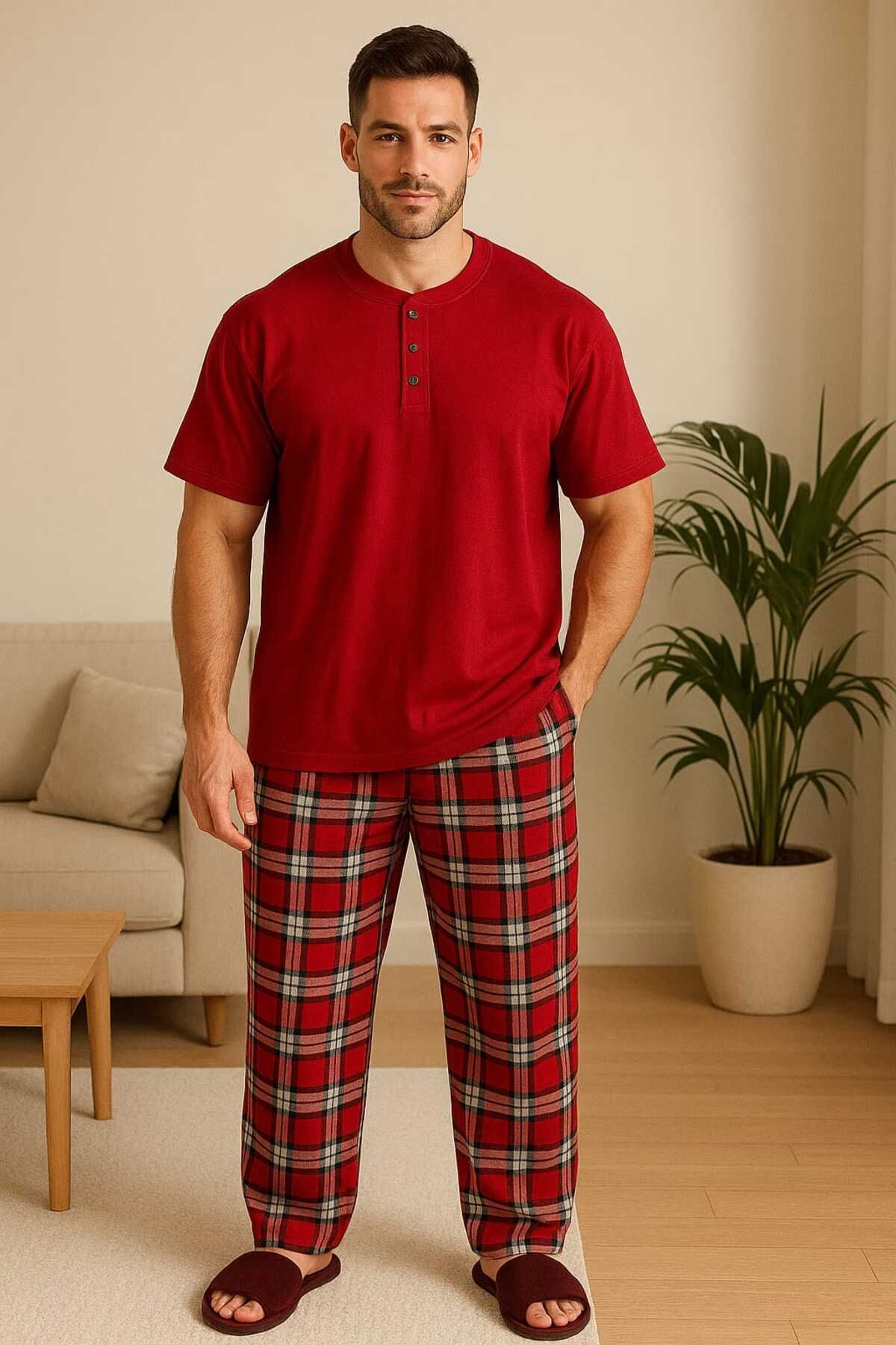gigigiyim Düğme Detaylı Ekose Desenli Erkek Pijama Takım