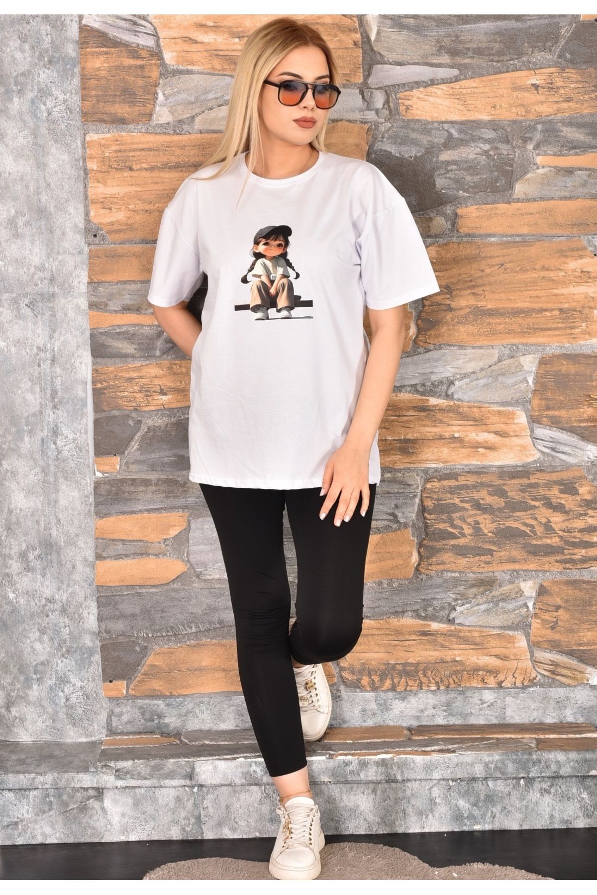 GEZEGENX Özel Baskılı Oversize Kadın T-Shirt Bisiklet Yaka