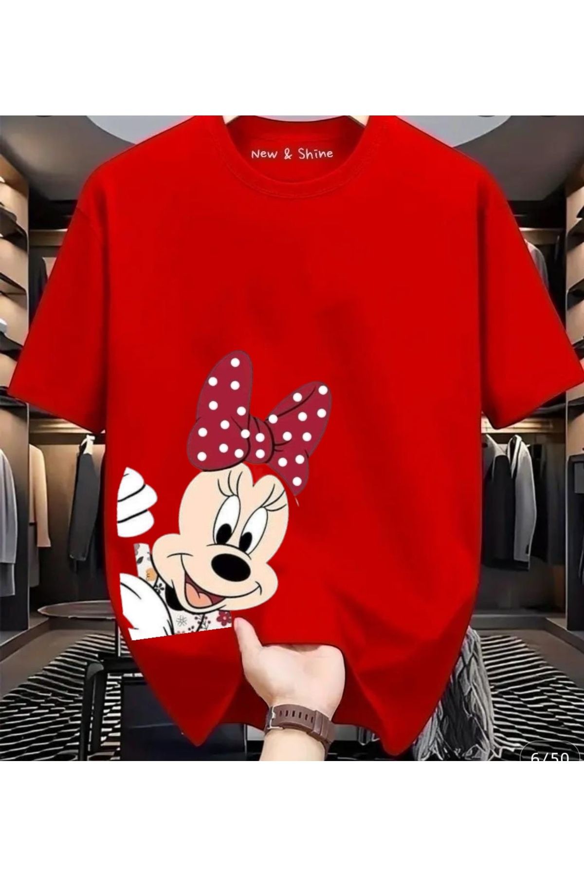 New Shine Minnie Mouse Yanda Baskılı Büyük Beden Oversize T-Shirt