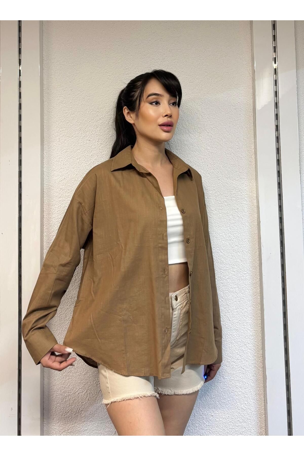 İNSUEL Oversize Geniş Kalıp Basic Düz Keten Uzun Kollu Gömlek