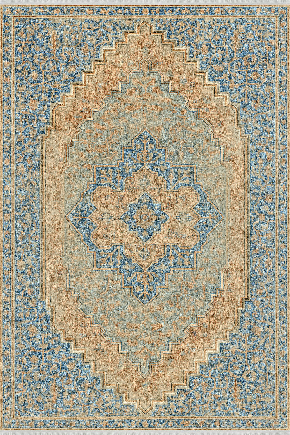 TNYLOF Mavi Bej Klasik Halı – Soft Renkli Vintage Tasarım | Kaymaz, Yıkanabilir, Evcil ve Bebek Dostu
